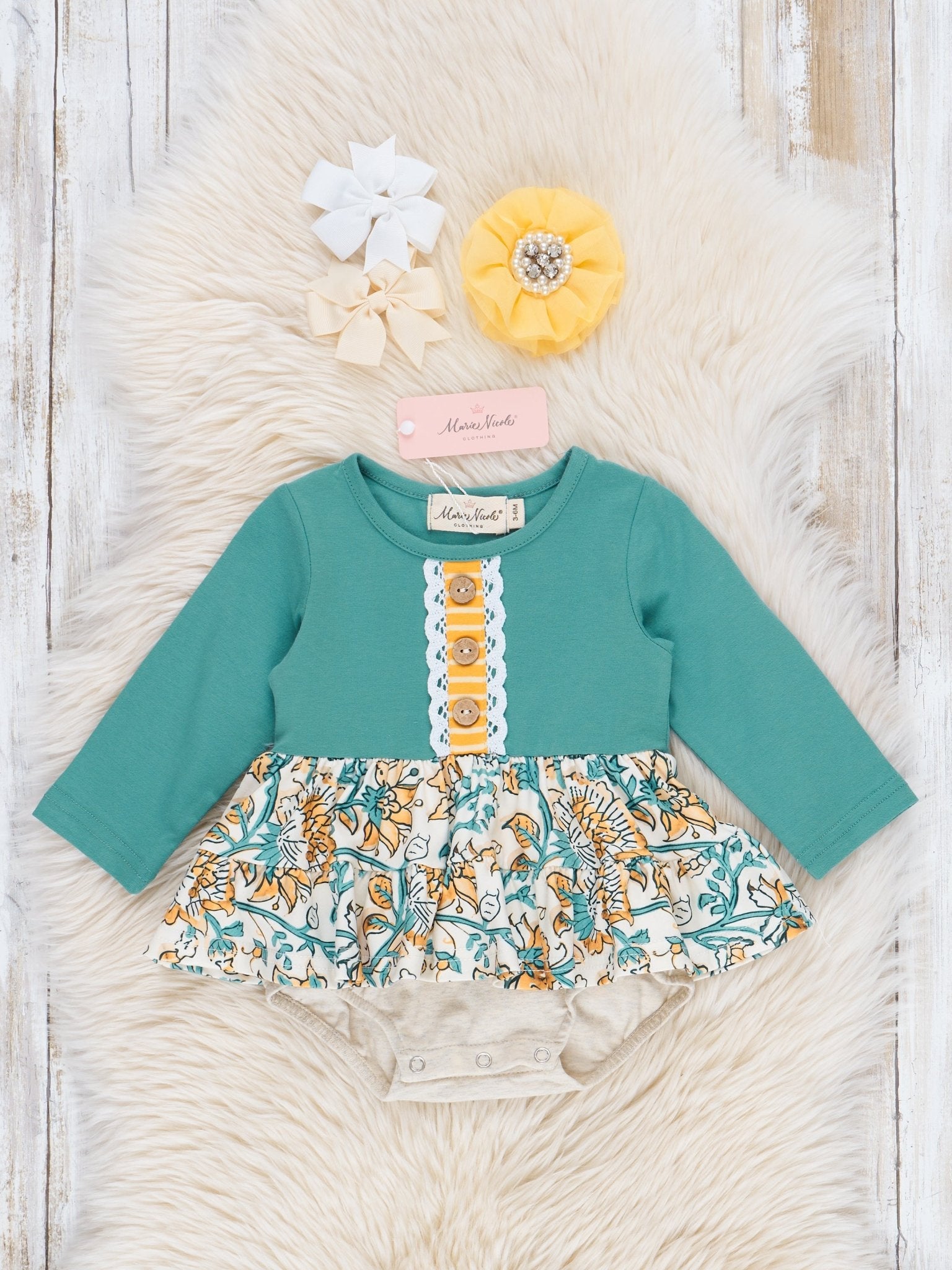 Turquoise Vintage Garden Ruffle Bubble Romper - Marie Nicole Clothing