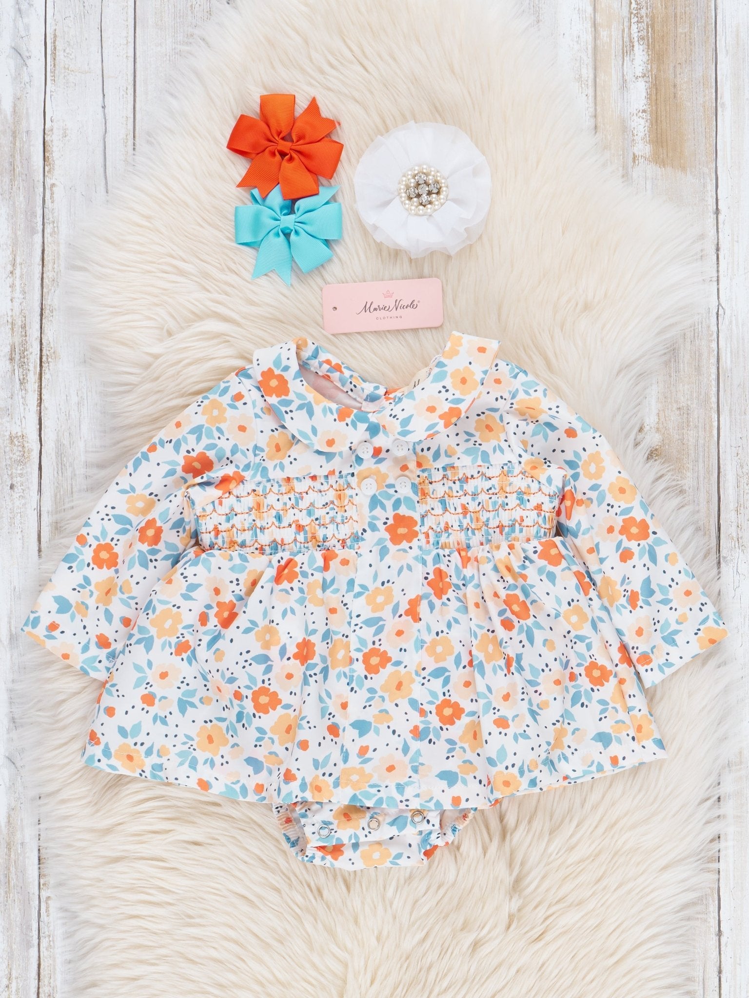 Sweet Orange Smocked Vintage Garden Bubble Romper - Marie Nicole Clothing