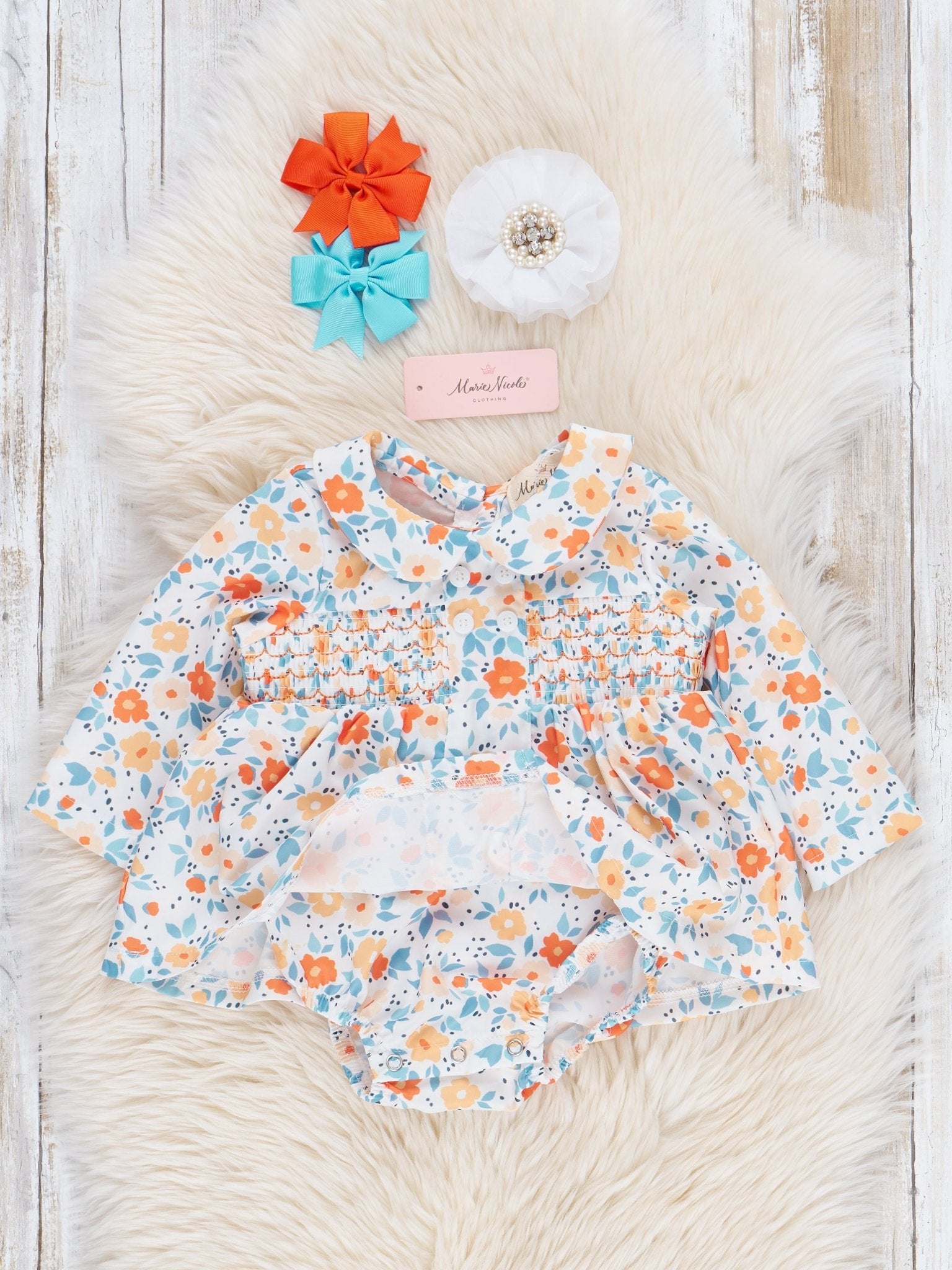 Sweet Orange Smocked Vintage Garden Bubble Romper - Marie Nicole Clothing