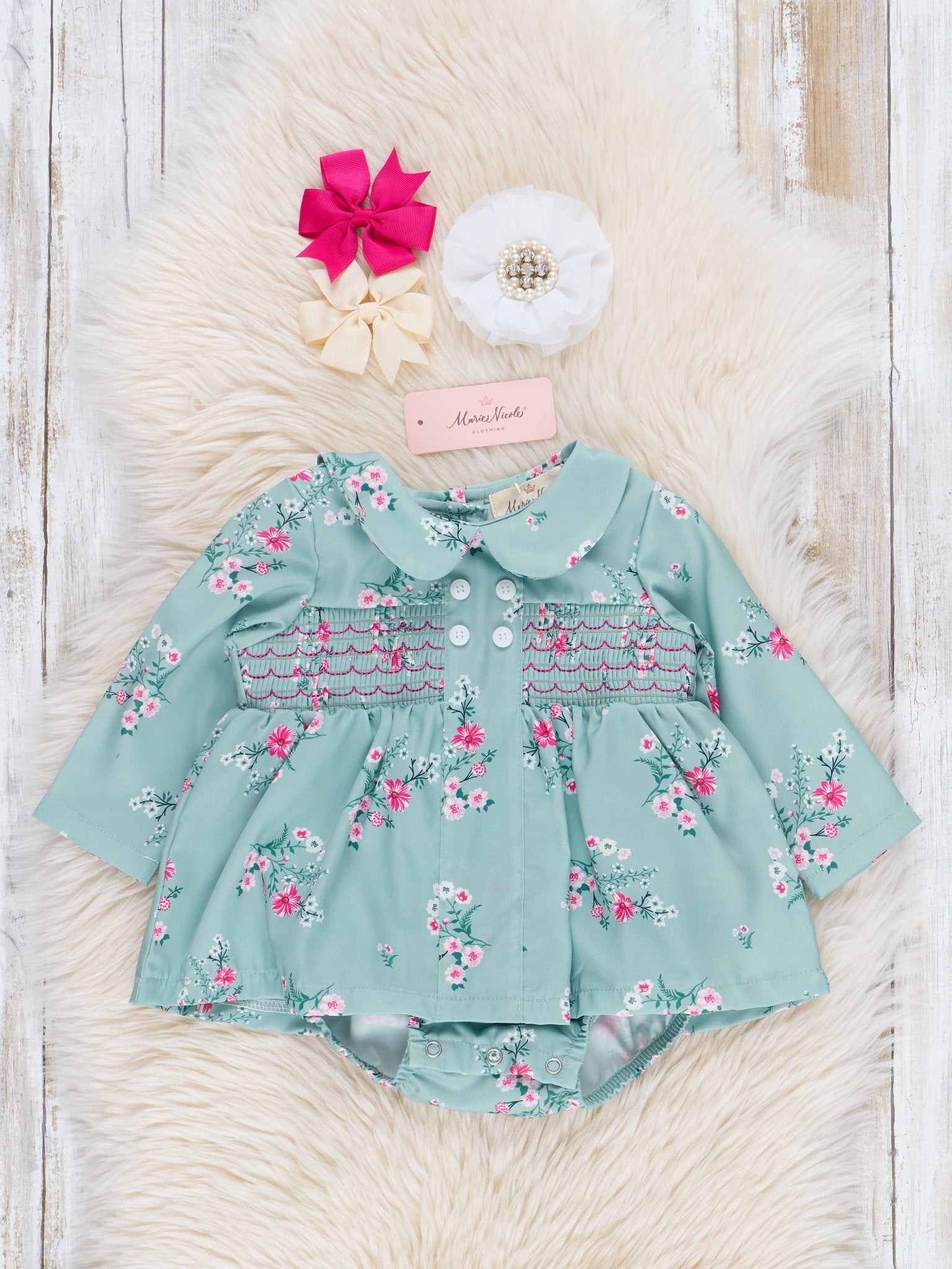 Sweet Mint Smocked Vintage Garden Bubble Romper - Marie Nicole Clothing