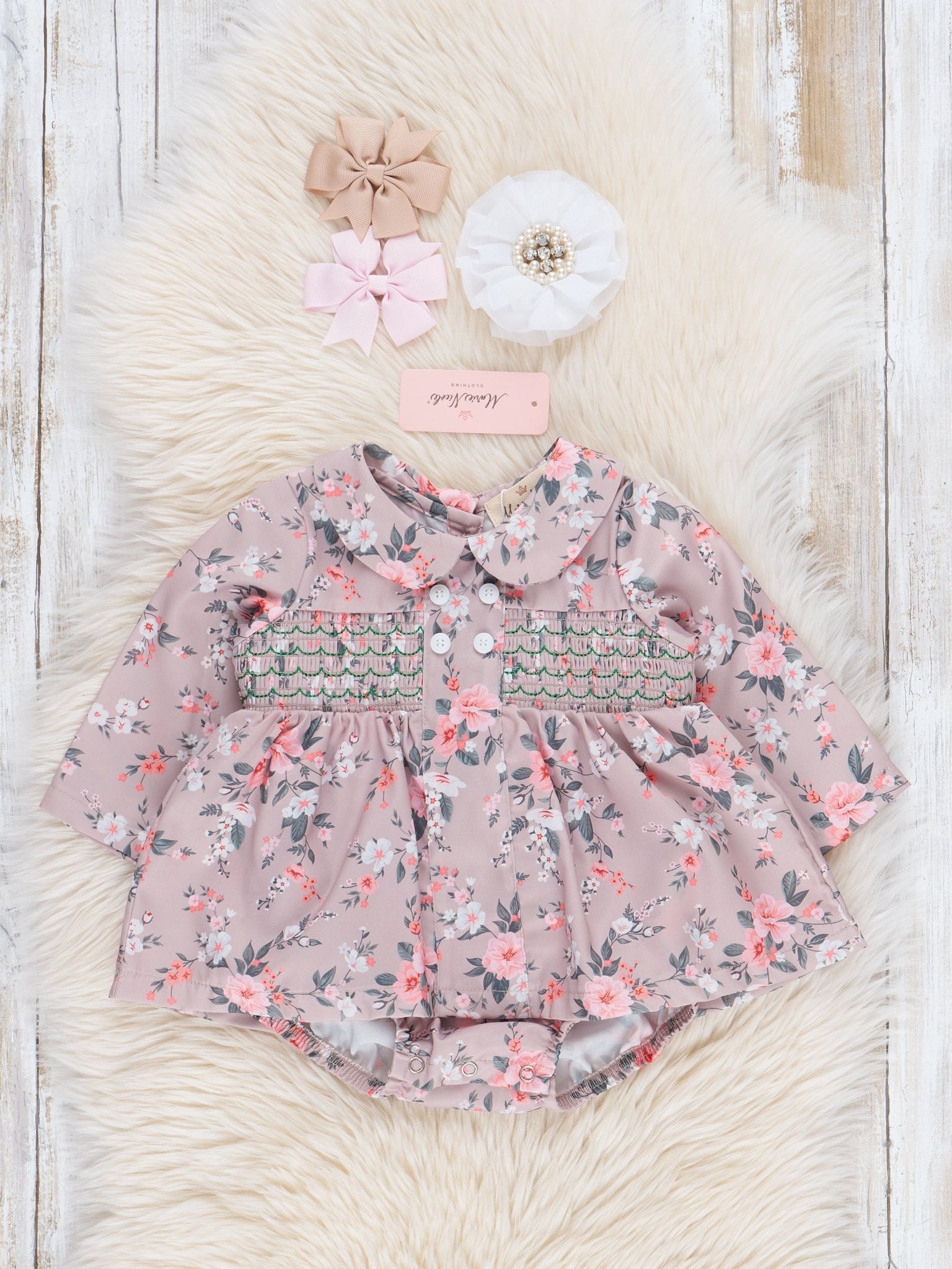 Tan Vintage Florals Smocked Bubble Romper - Marie Nicole Clothing