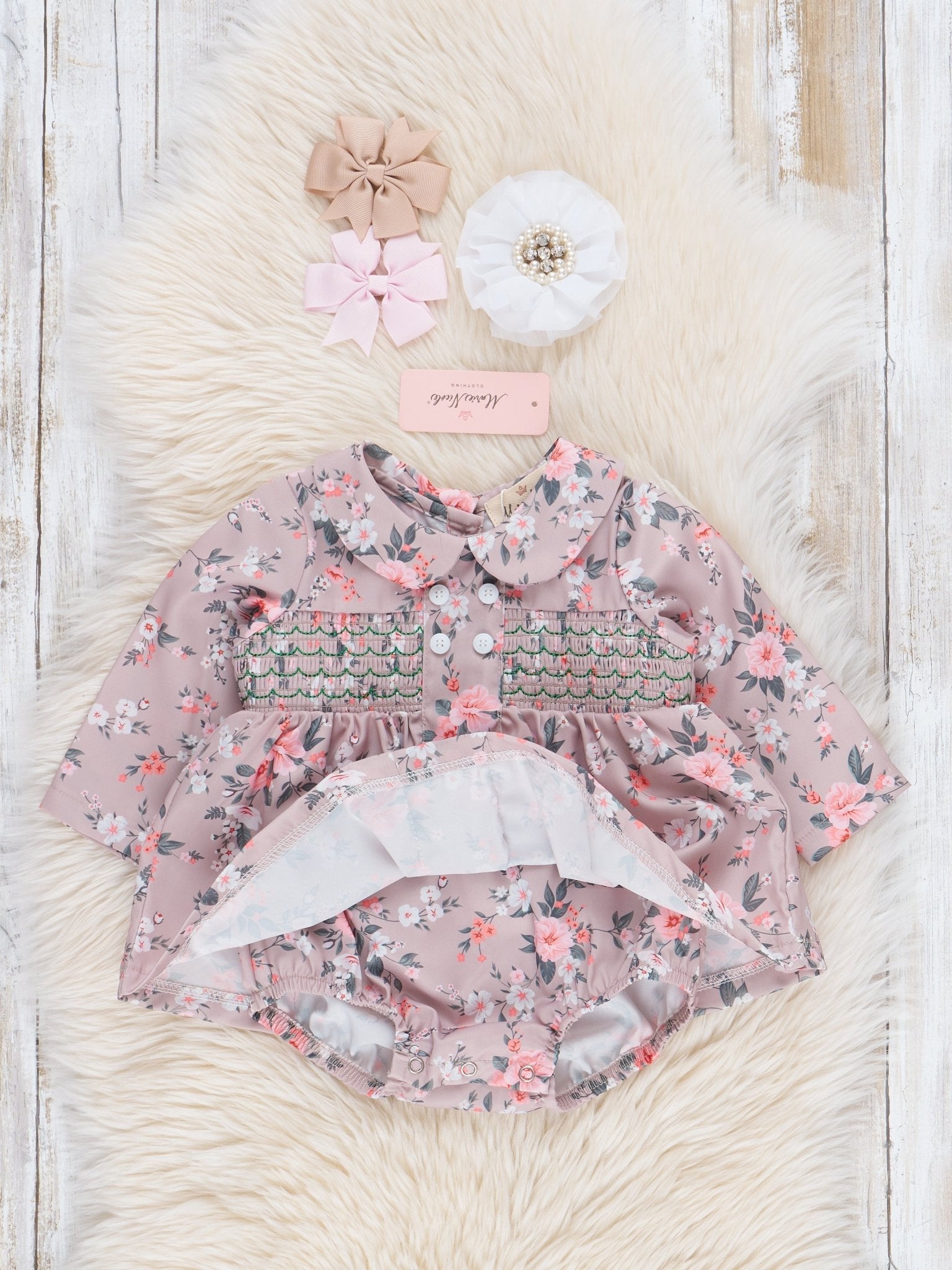 Tan Vintage Florals Smocked Bubble Romper - Marie Nicole Clothing