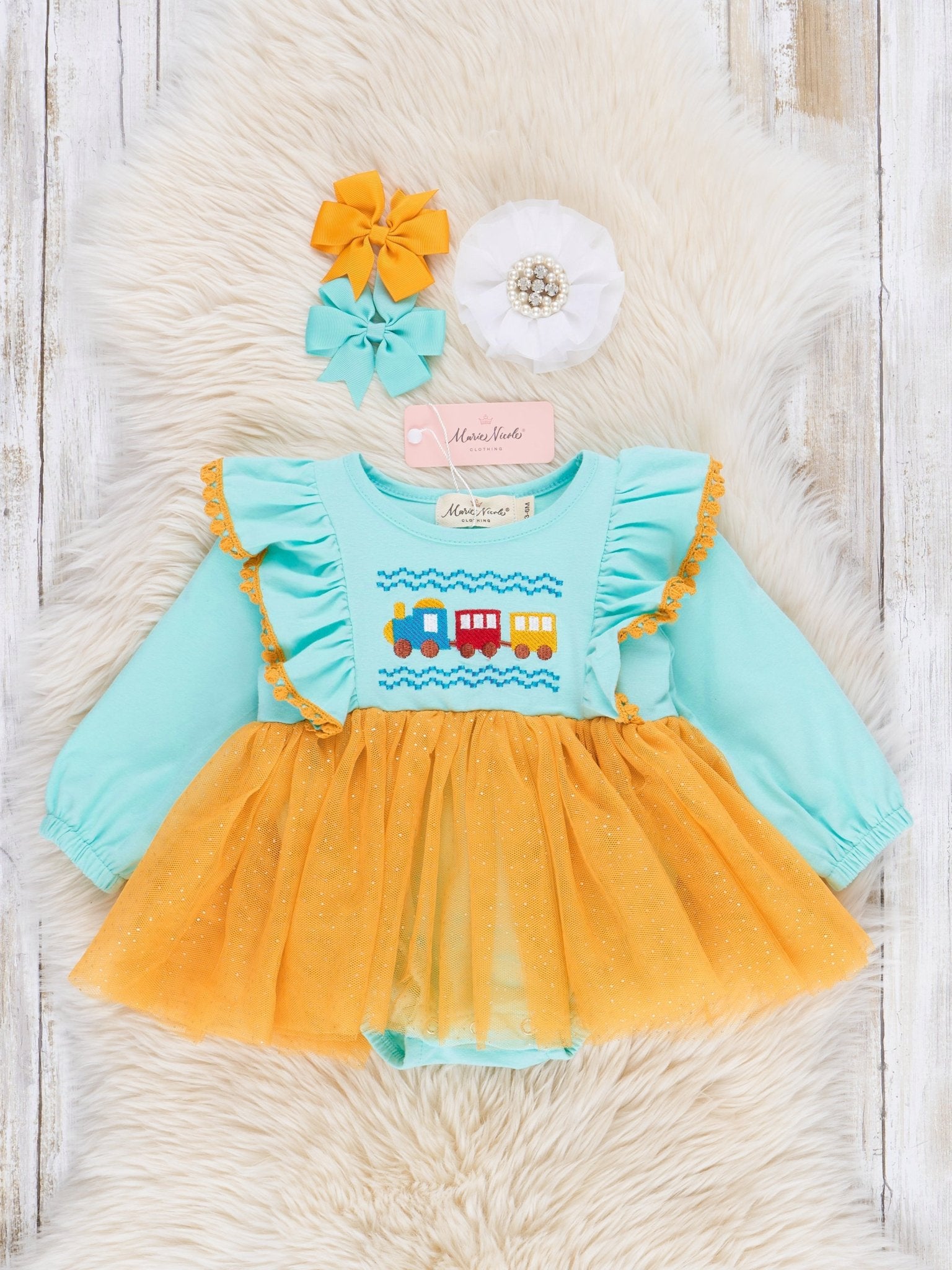Teal & Yellow Embroidered Trains Tulle Bubble Romper - Marie Nicole Clothing