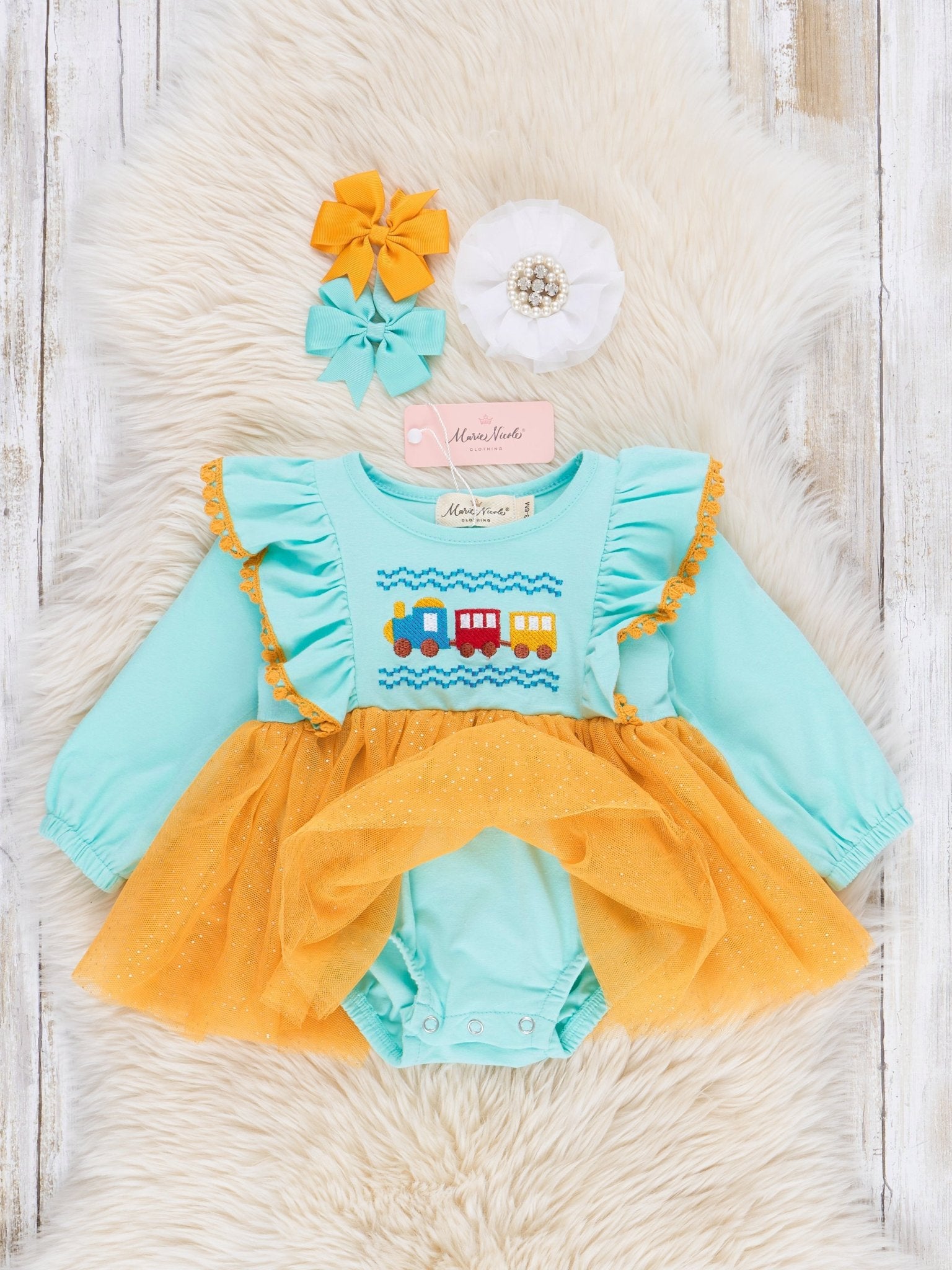 Teal & Yellow Embroidered Trains Tulle Bubble Romper - Marie Nicole Clothing