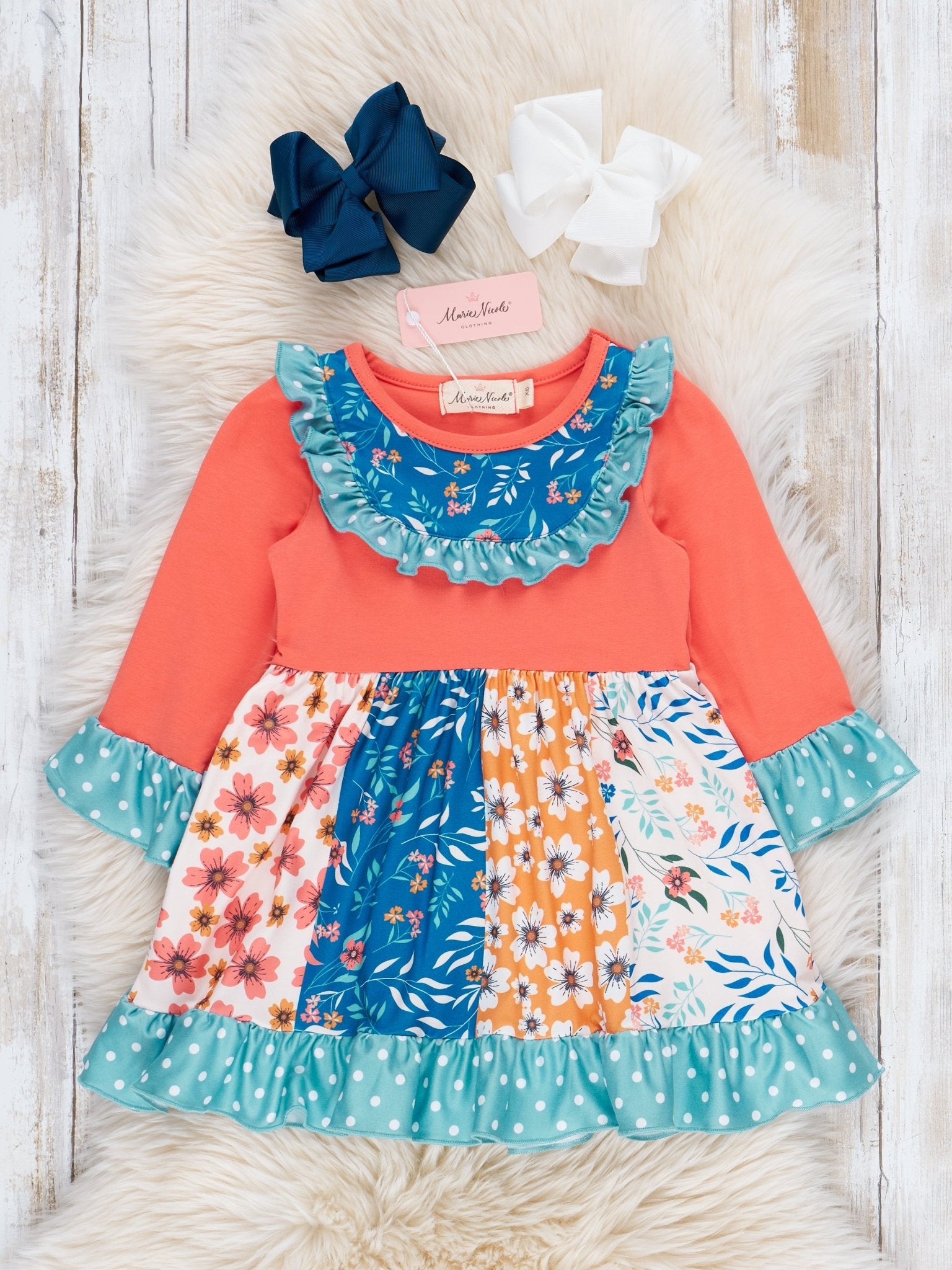 Orange & Blue Garden Ruffle Dress - Marie Nicole Clothing