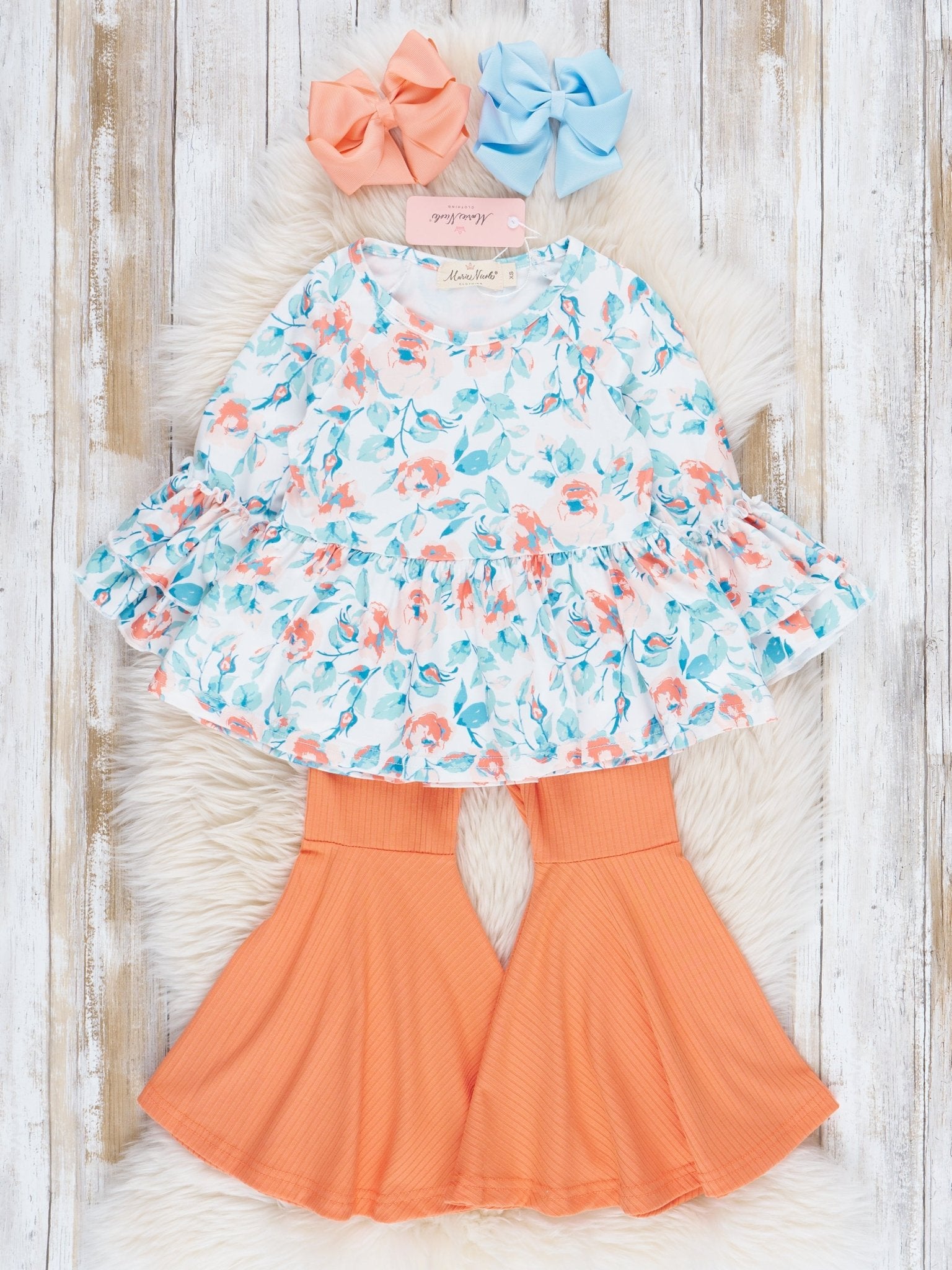 Orange & Blue Florals Ribbed Bell Bottoms Outfit - Marie Nicole Clothing
