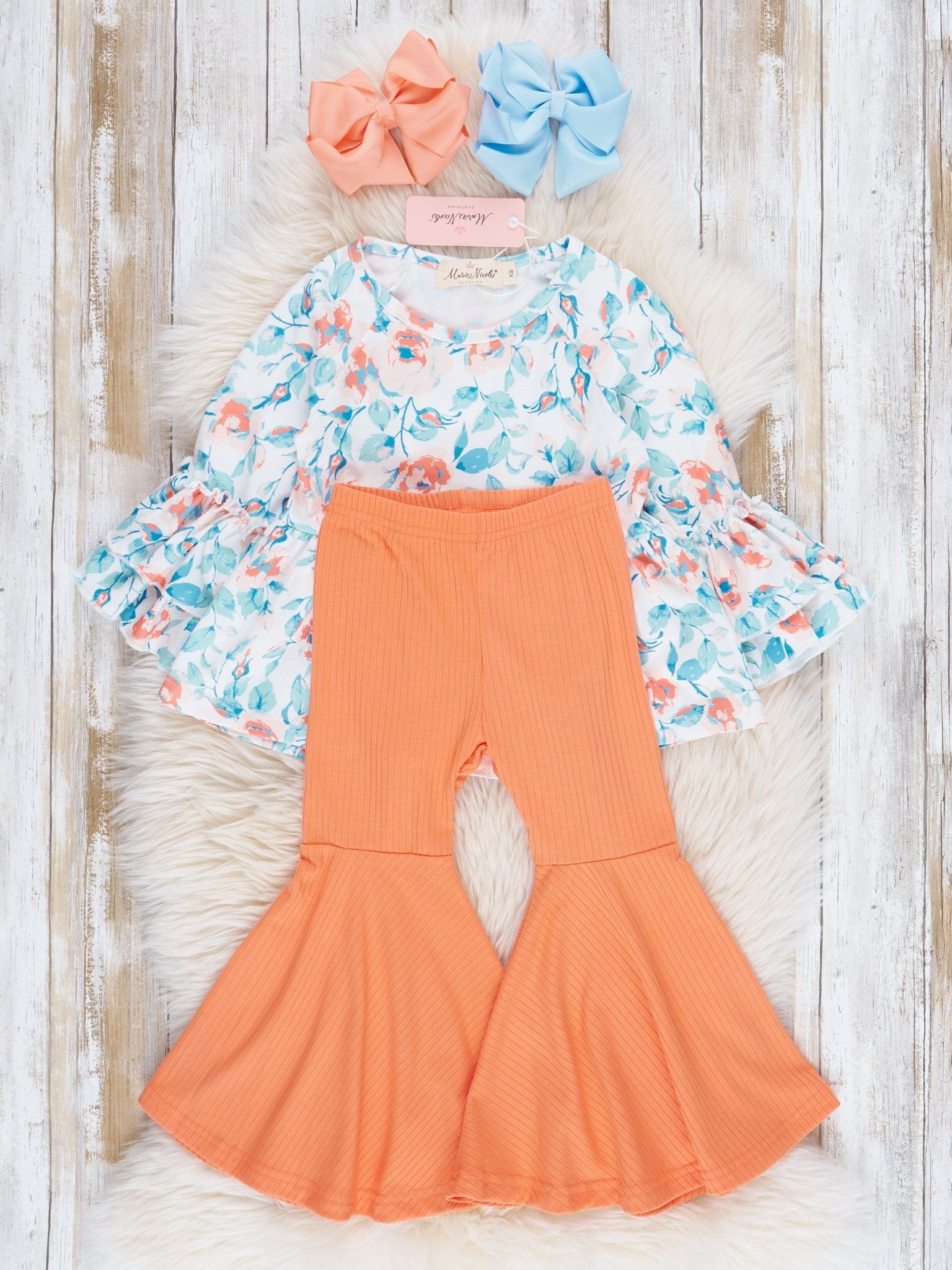 Orange & Blue Florals Ribbed Bell Bottoms Outfit - Marie Nicole Clothing