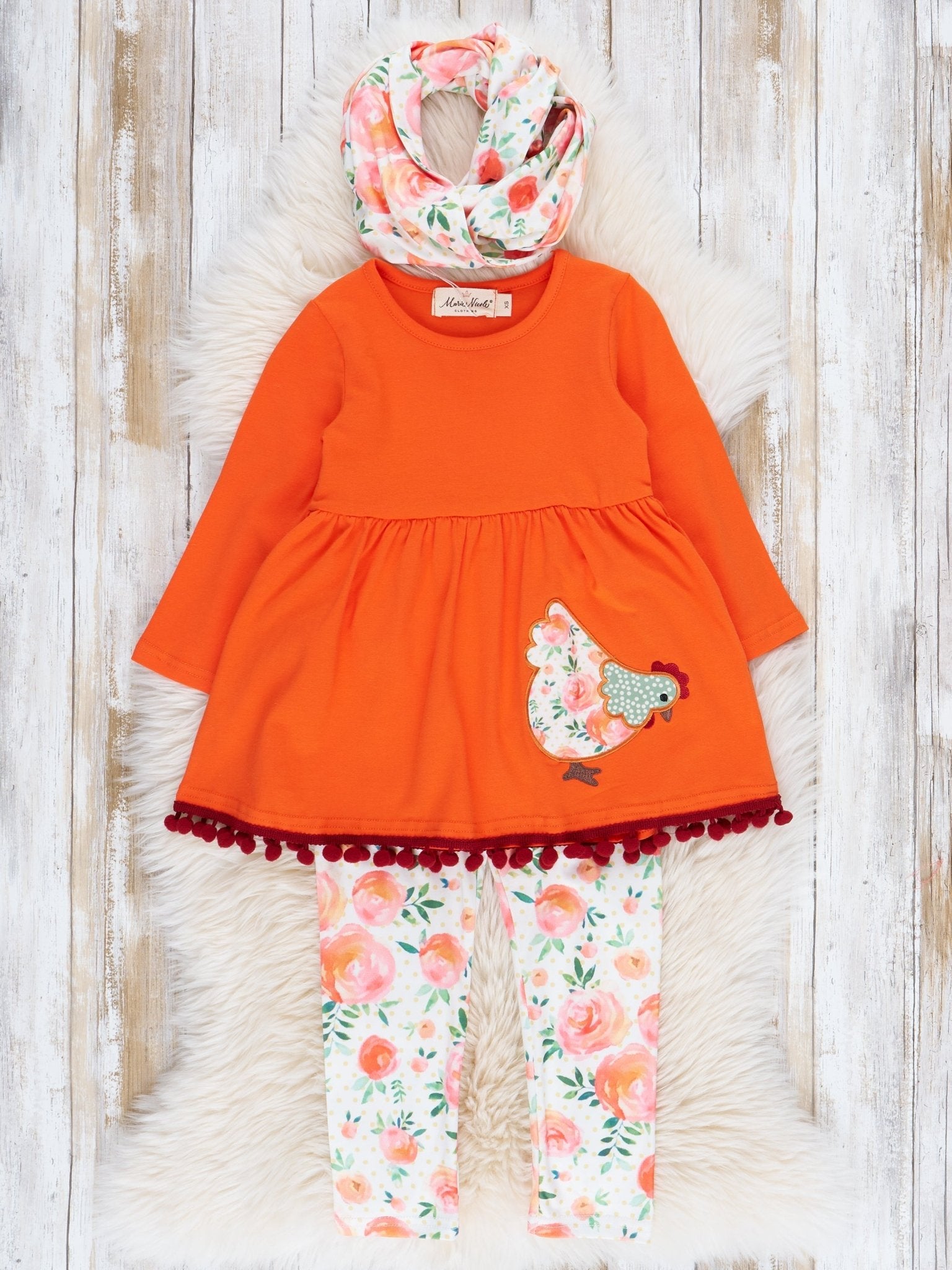 Orange Floral Chicken Pom Pom Outfit w/ Scarf - Marie Nicole Clothing