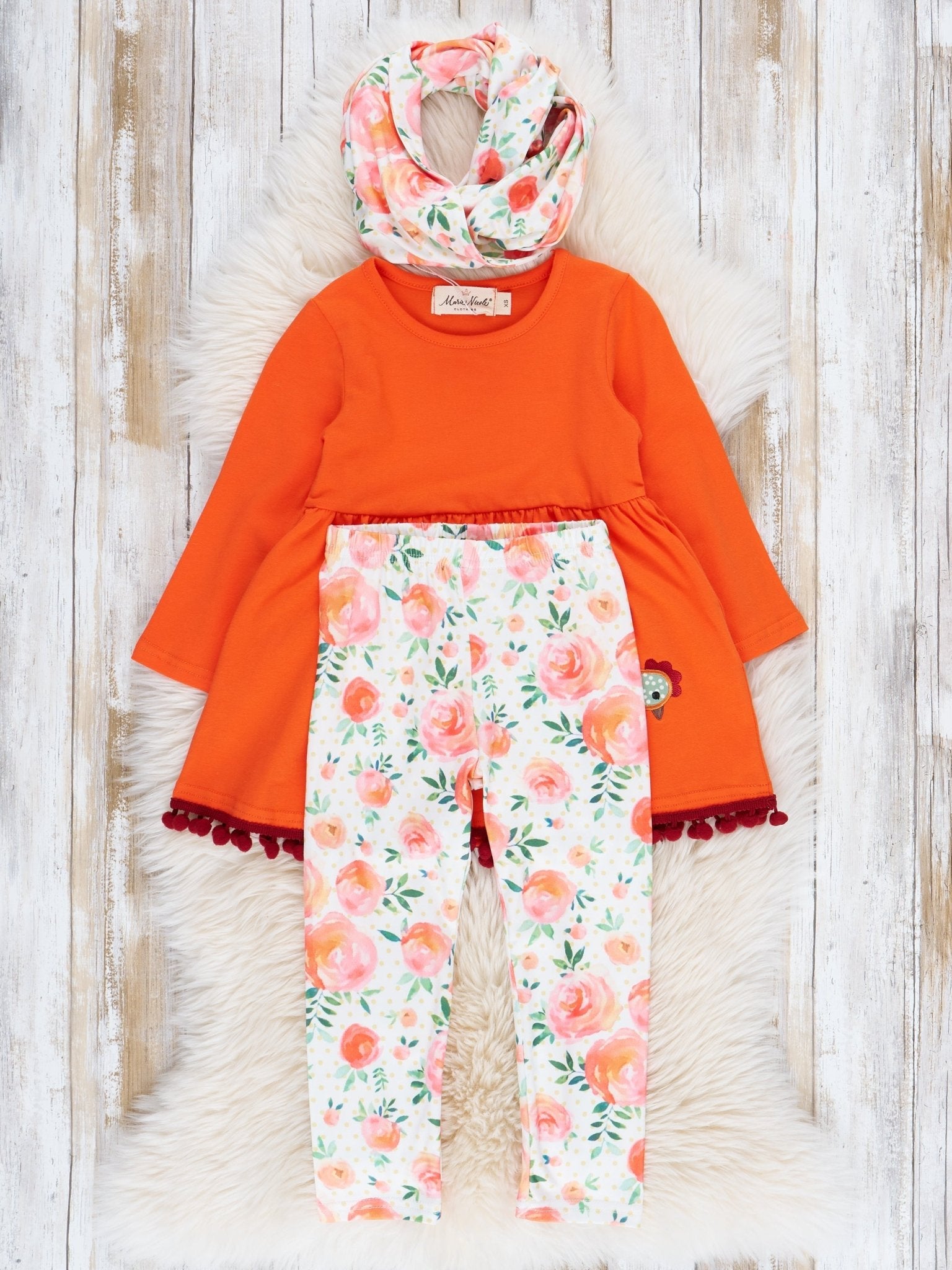 Orange Floral Chicken Pom Pom Outfit w/ Scarf - Marie Nicole Clothing