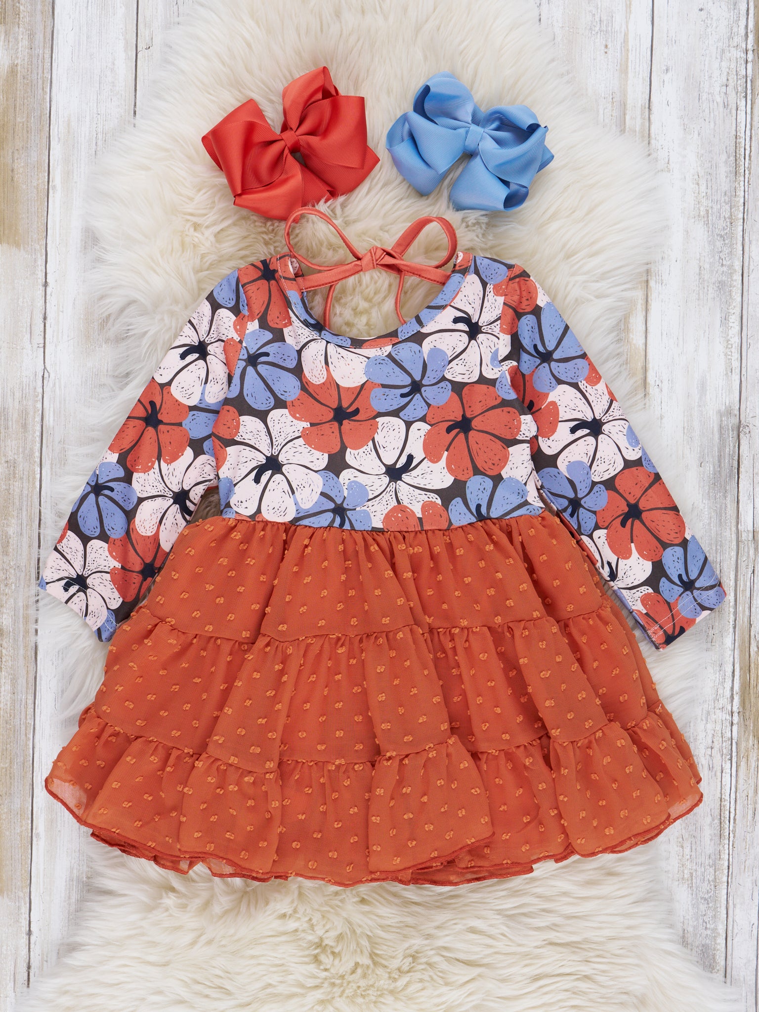 Burnt Orange & Blue Floral Swiss Dot Dress