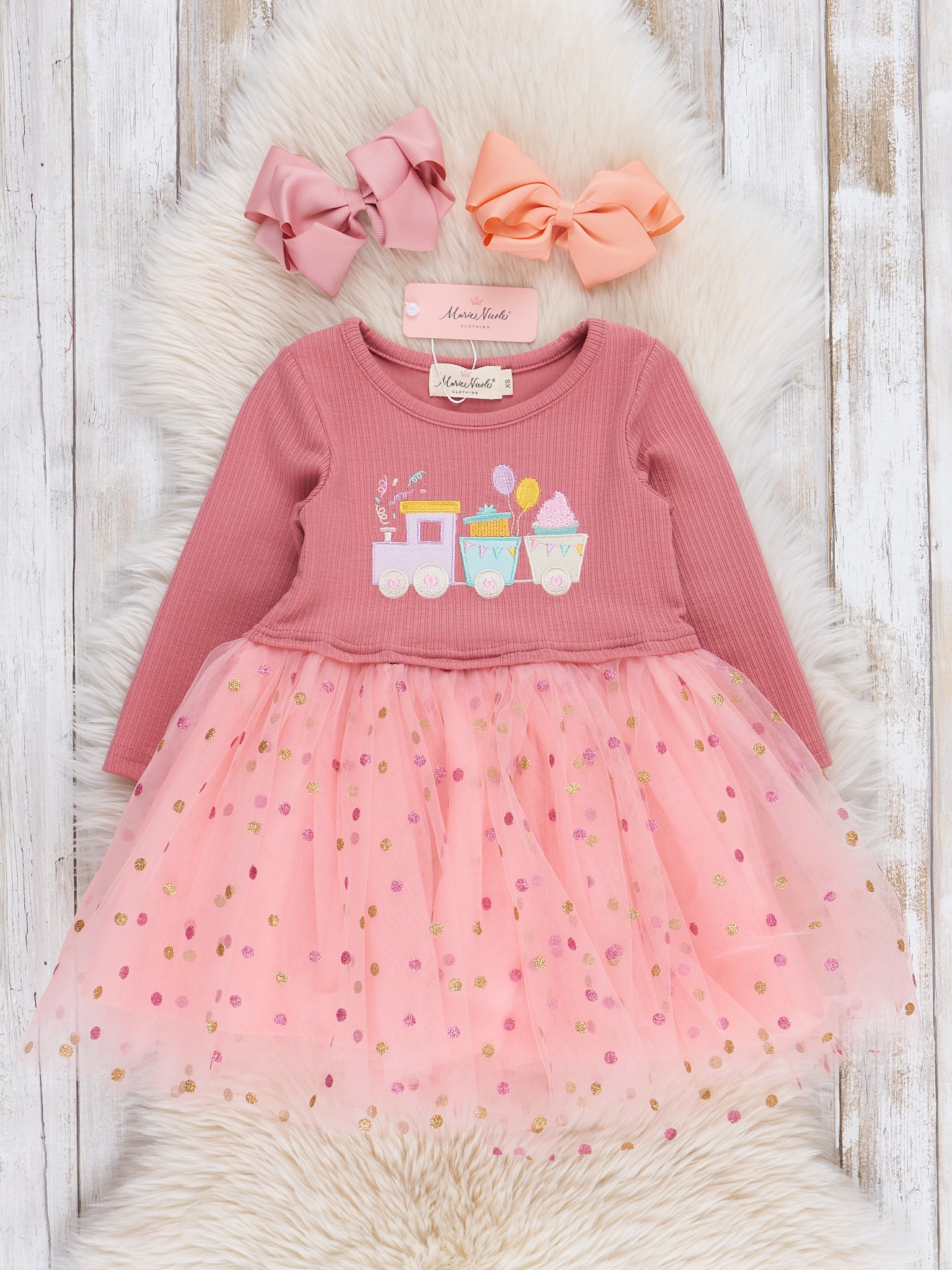 Blush Birthday Train Sparkle Tulle Dress - Marie Nicole Clothing Blush Birthday Train Sparkle Tulle Dress - Marie Nicole Clothing