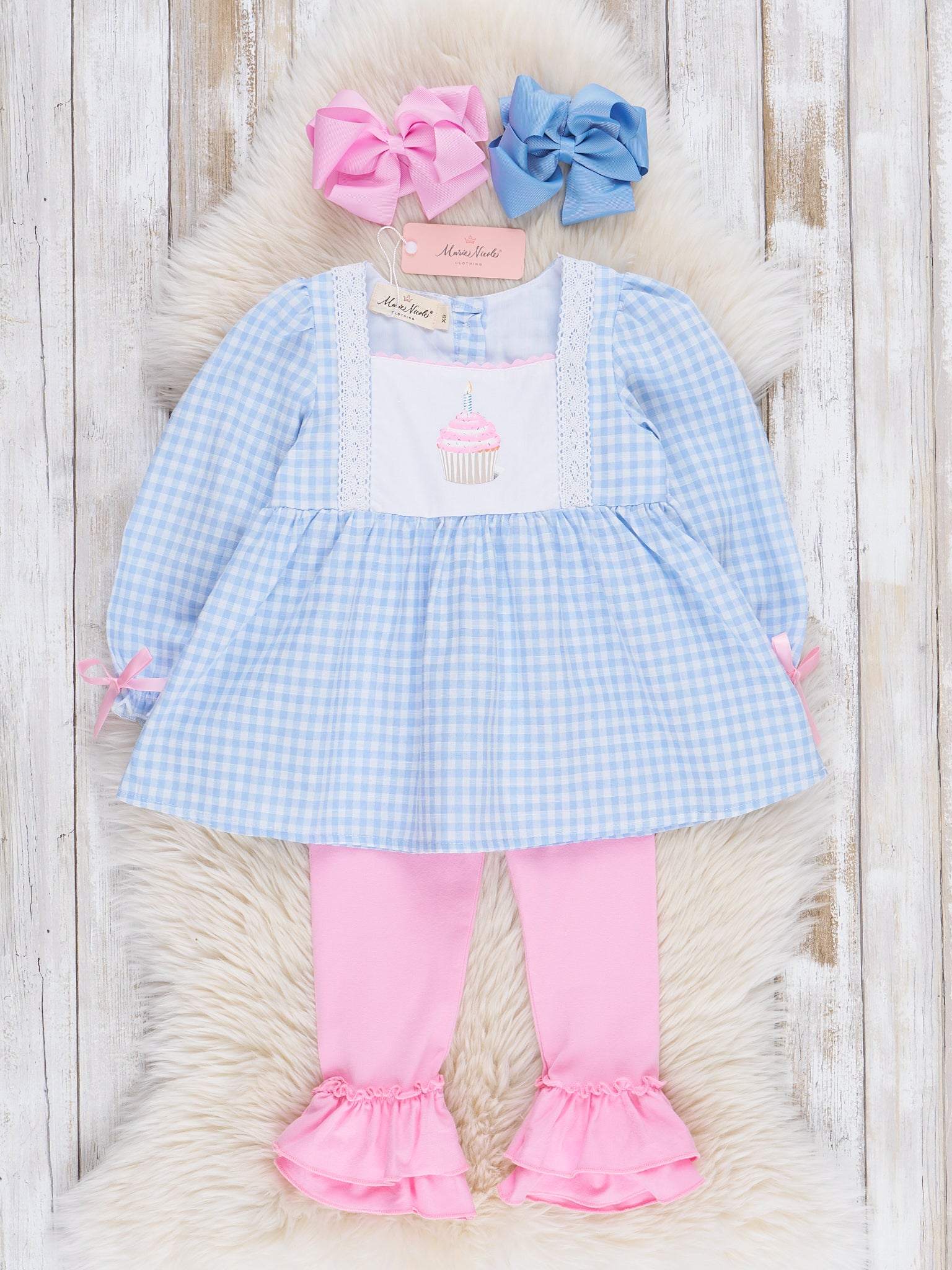 Blue Gingham Birthday Cupcake Ruffle Outfit - Marie Nicole Clothing Blue Gingham Birthday Cupcake Ruffle Outfit - Marie Nicole Clothing