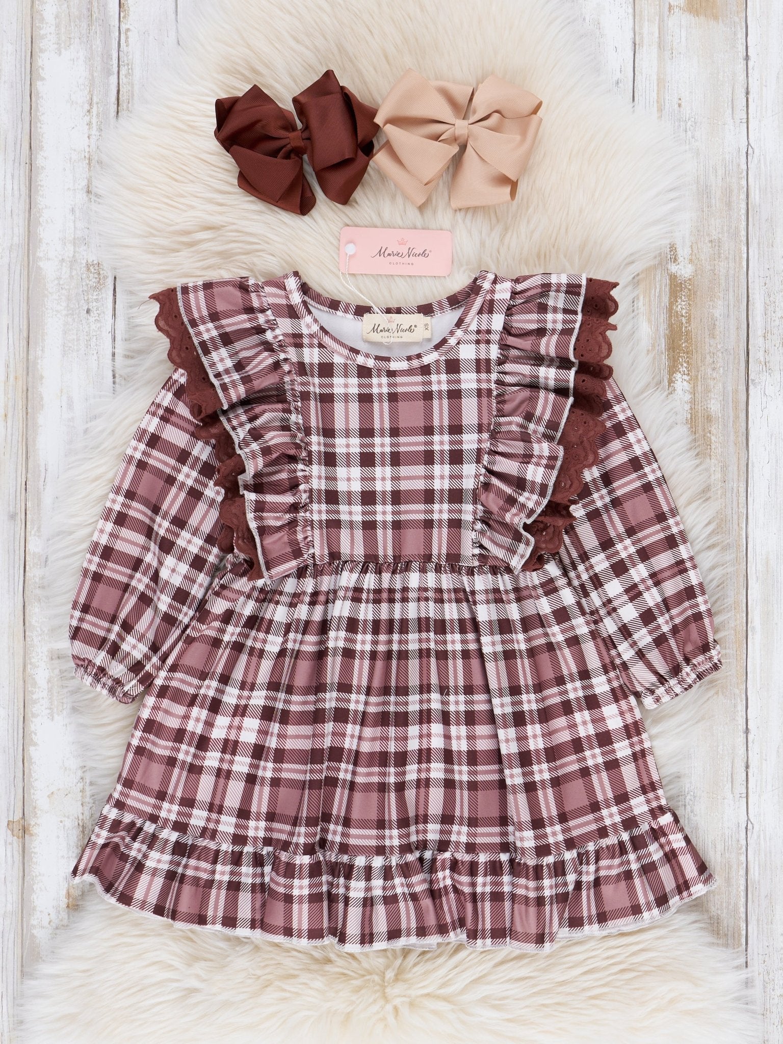 Brown Plaid Ruffle Dress - Marie Nicole Clothing