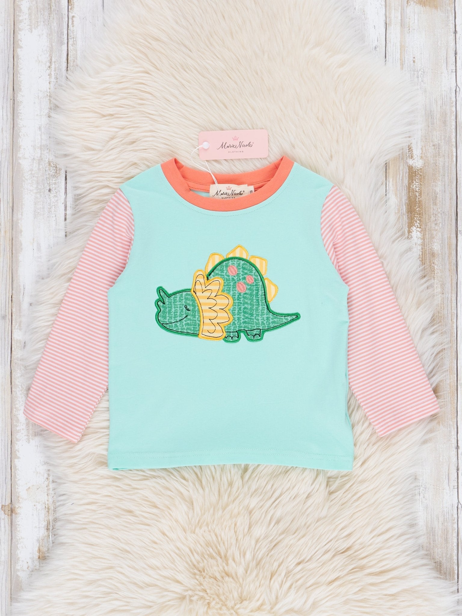 Coral & Teal Embroidered Triceratops Raglan Shirt - Marie Nicole Clothing