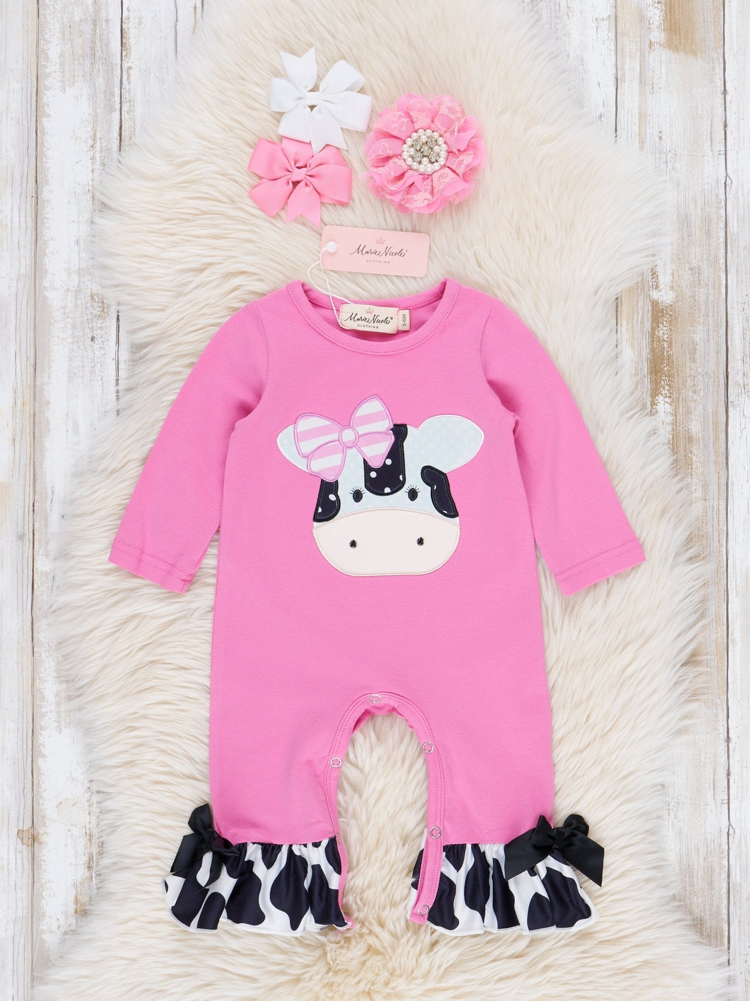 Lil’ Moo Ruffle Embroidered Cow Romper - Marie Nicole Clothing