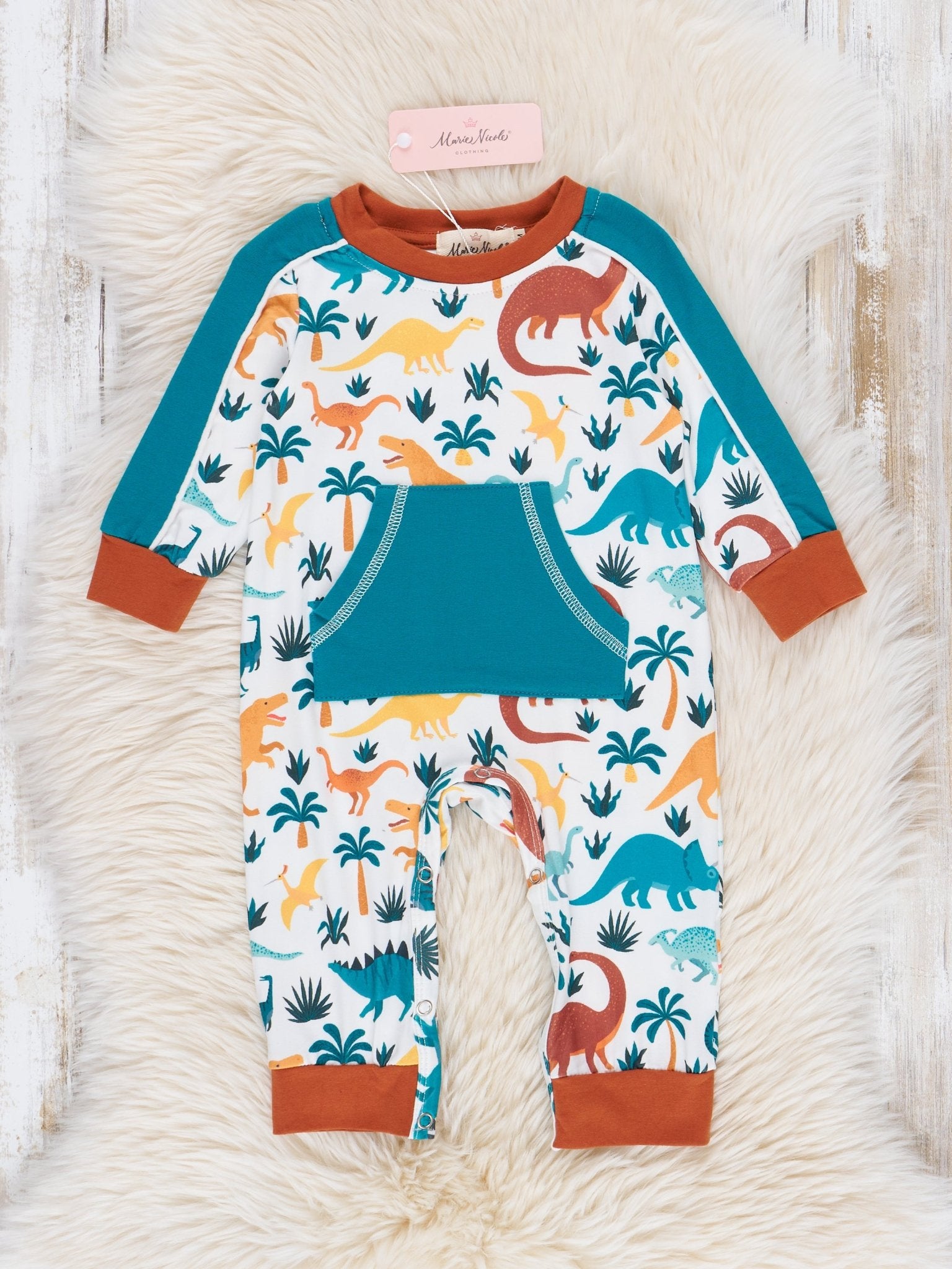 Brown & Turquoise Dinosaur Raglan Romper - Marie Nicole Clothing