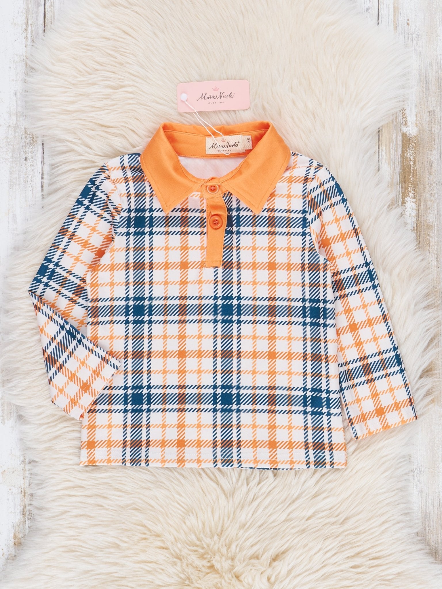 Orange & Blue Plaid Polo Shirt - Marie Nicole Clothing