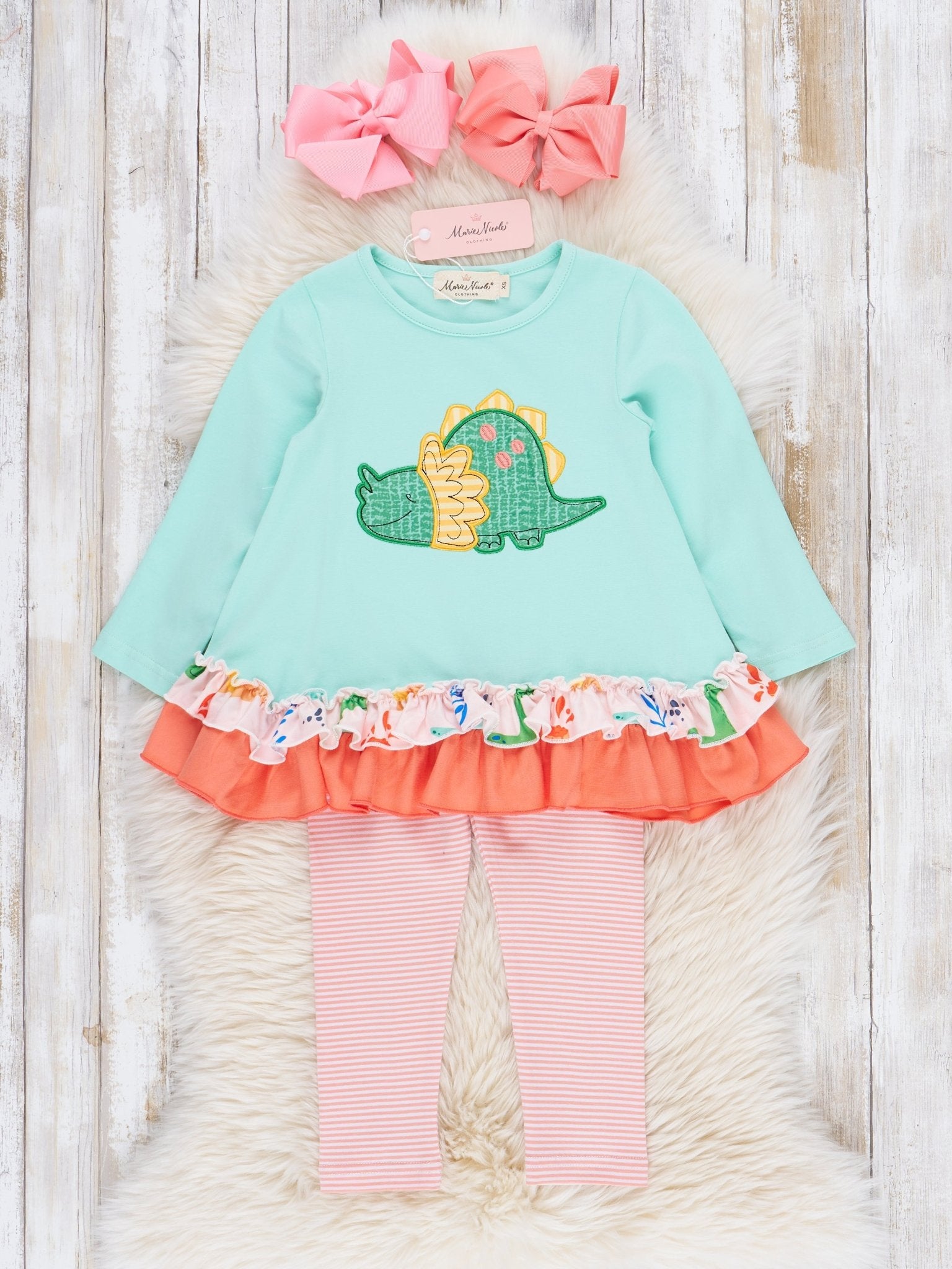 Coral & Teal Embroidered Triceratops Ruffle Outfit - Marie Nicole Clothing