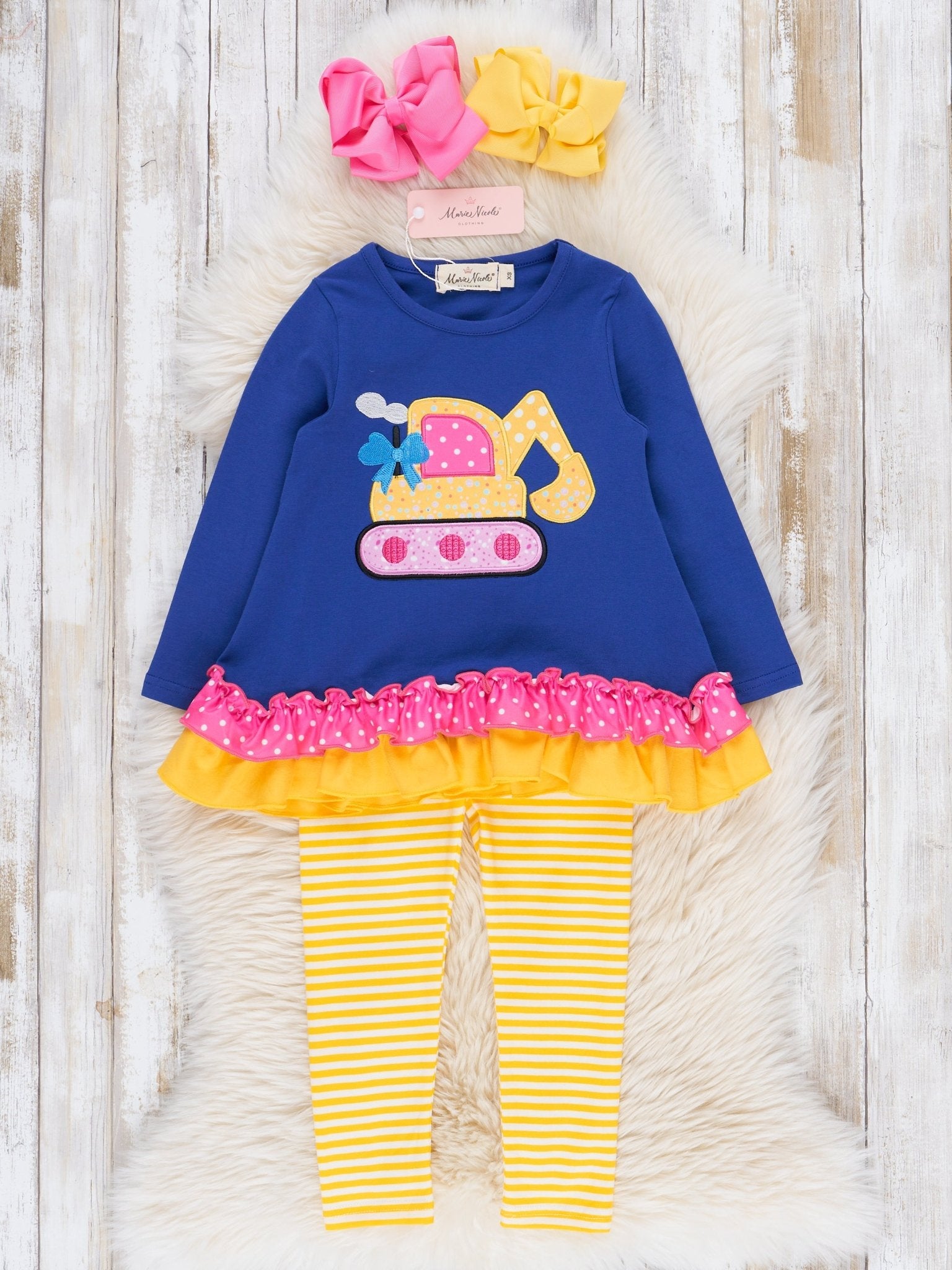 Royal Blue & Yellow Excavator Ruffle Outfit - Marie Nicole Clothing