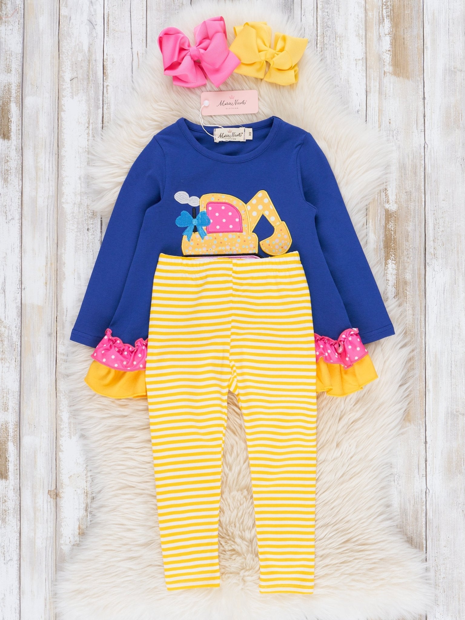 Royal Blue & Yellow Excavator Ruffle Outfit - Marie Nicole Clothing