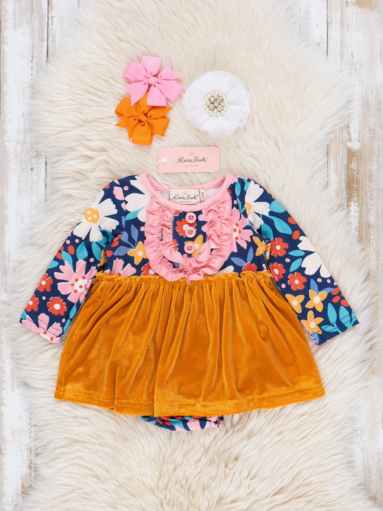 Yellow Velvet & Pink Floral Ruffle Bubble Romper - Marie Nicole Clothing