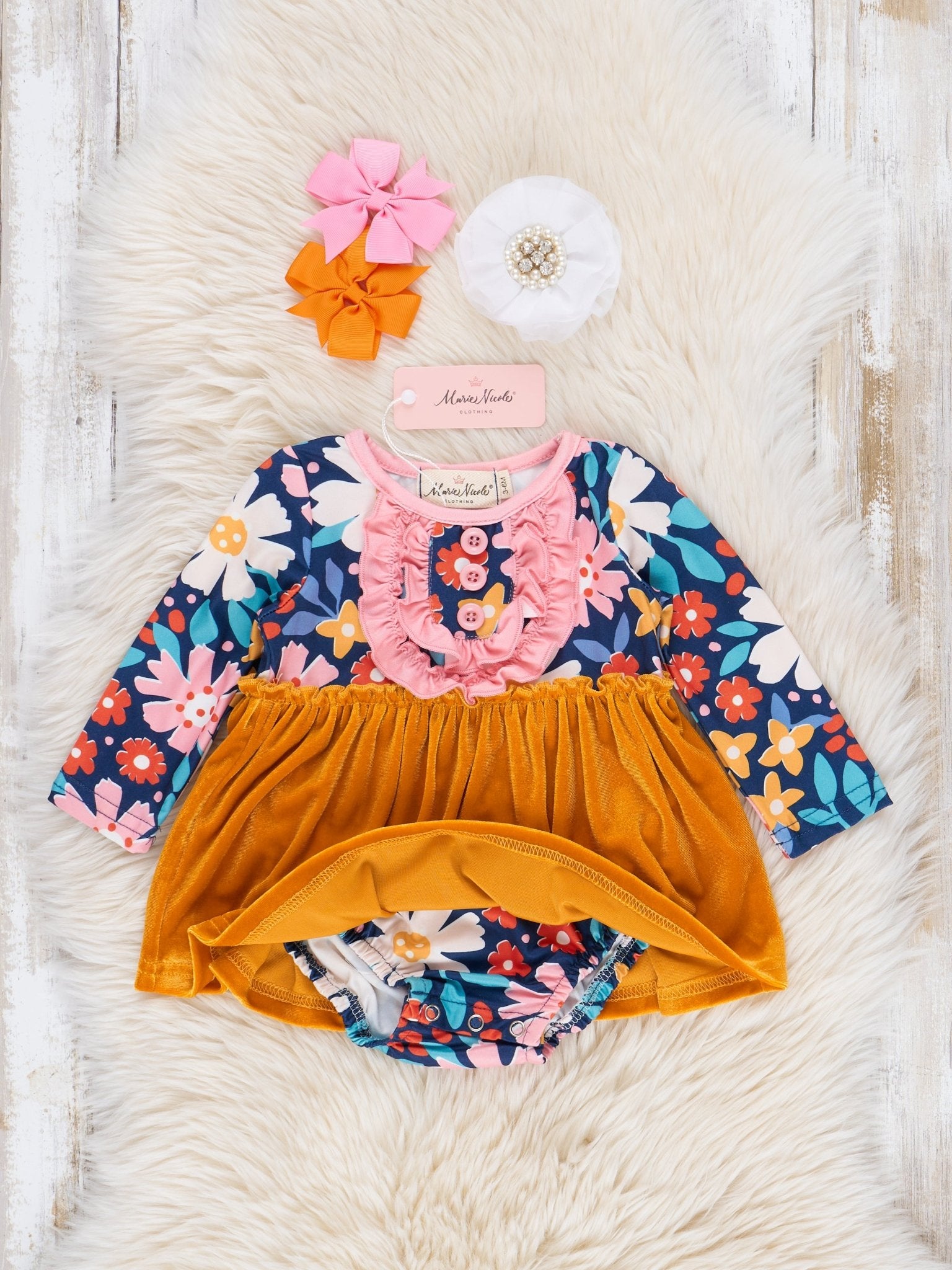 Yellow Velvet & Pink Floral Ruffle Bubble Romper - Marie Nicole Clothing