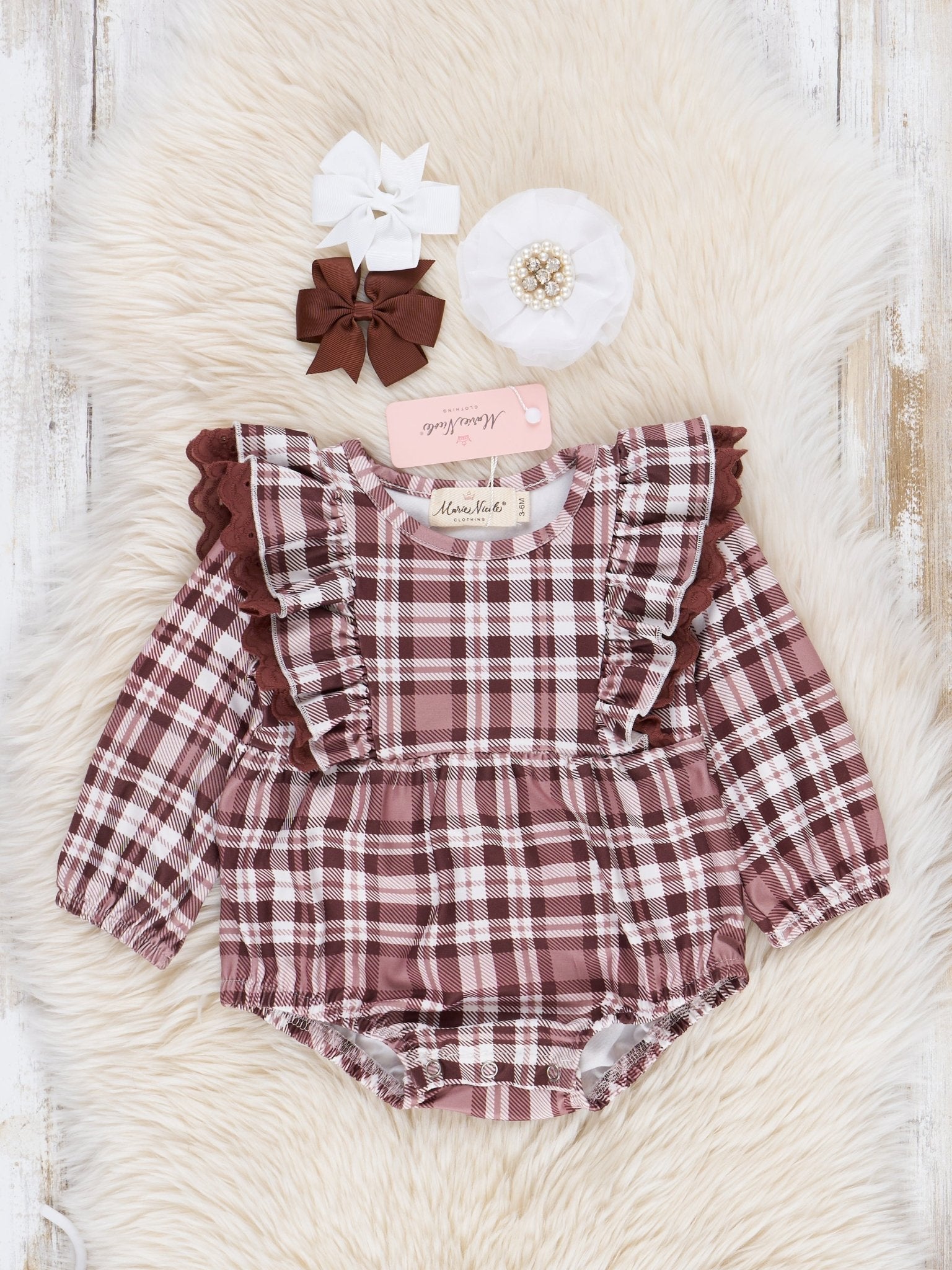 Brown Plaid Ruffle Bubble Romper - Marie Nicole Clothing