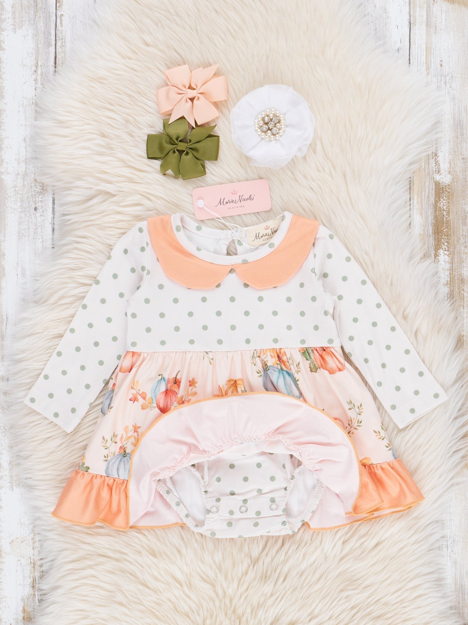 Peach & Green Dots Floral Pumpkins Ruffle Bubble Romper - Marie Nicole Clothing