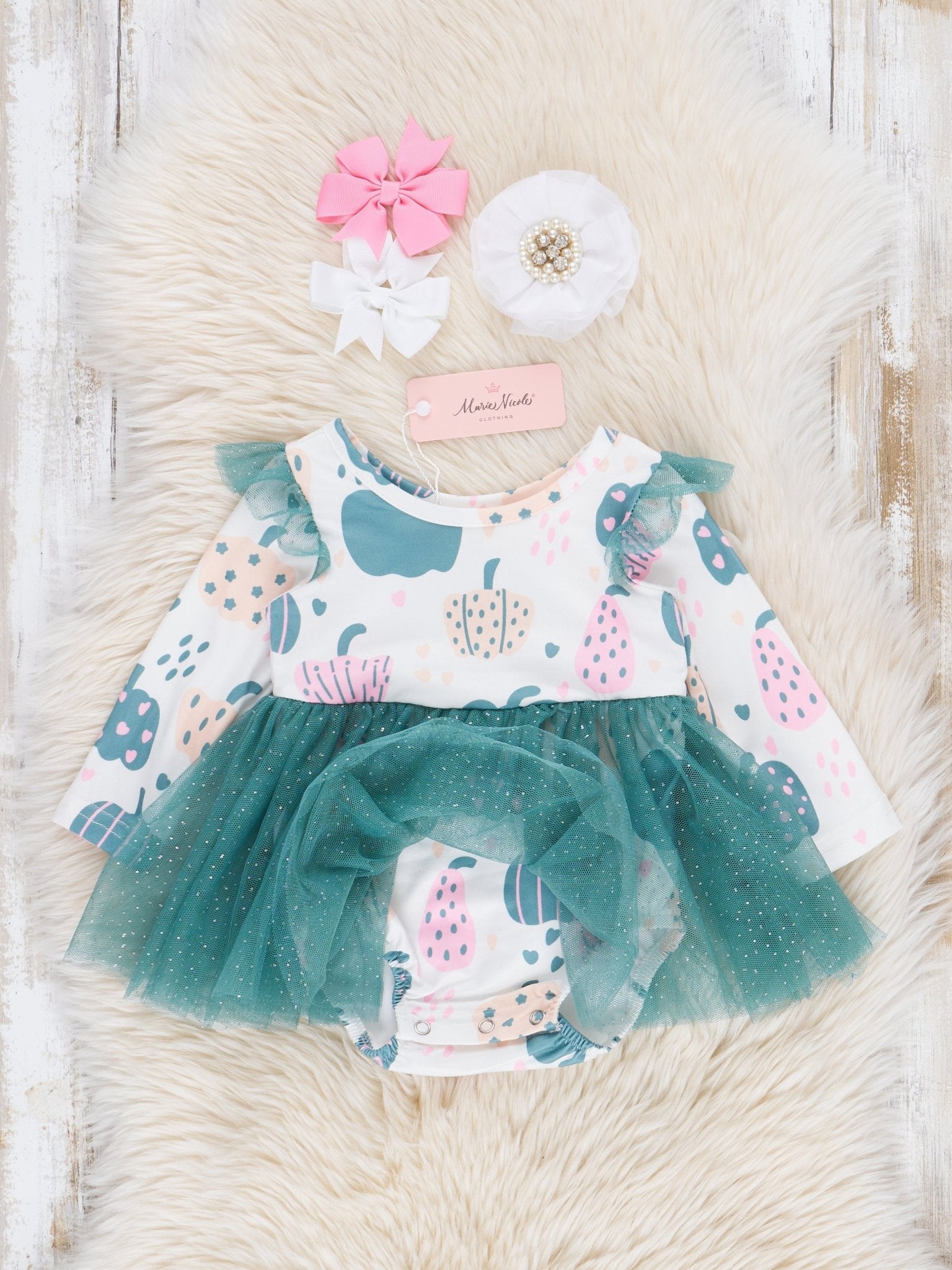 Deep Teal Doodle Pumpkins Tulle Bubble Romper - Marie Nicole Clothing