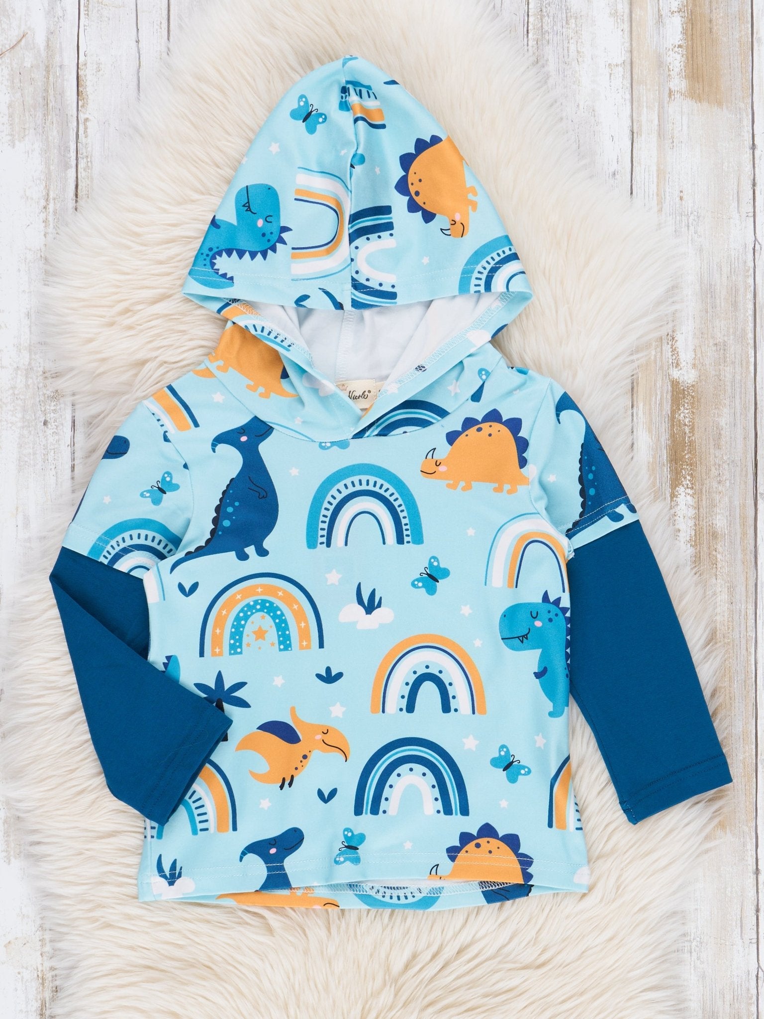 Blue Rainbows & Dinos Raglan Hoodie - Marie Nicole Clothing