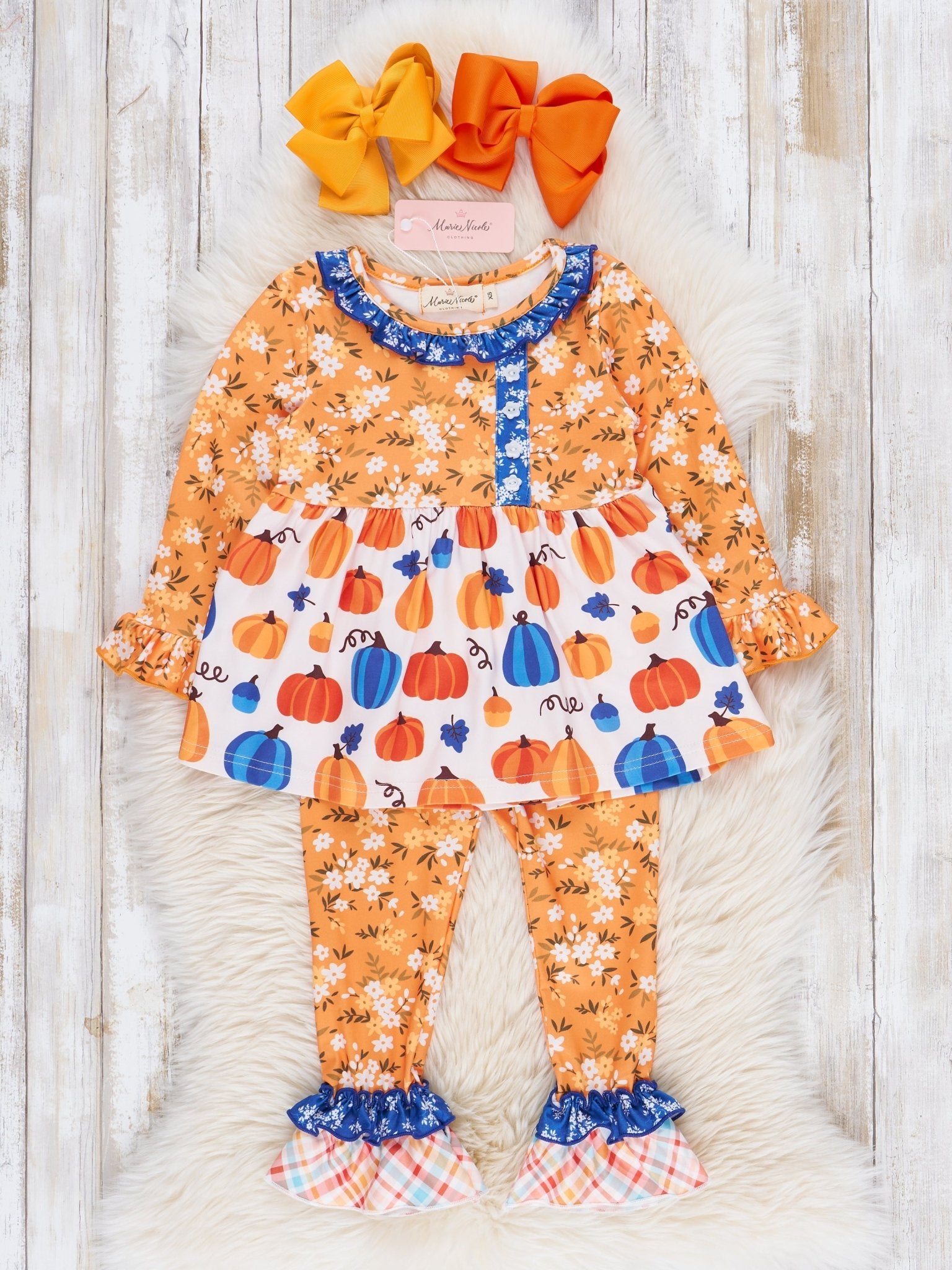 Orange Blooms & Blue Plaid Pumpkin Ruffle Outfit - Marie Nicole Clothing