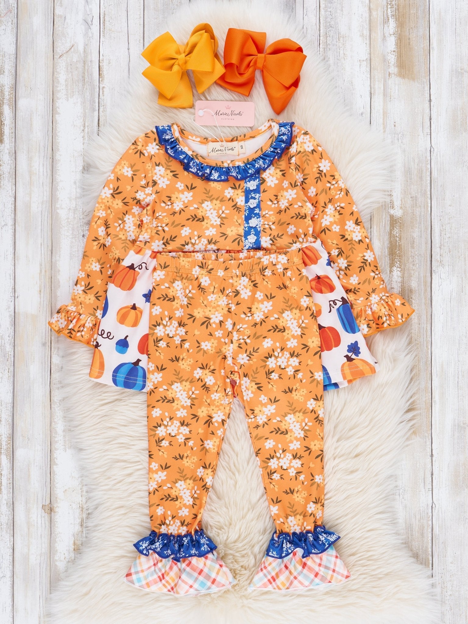 Orange Blooms & Blue Plaid Pumpkin Ruffle Outfit - Marie Nicole Clothing