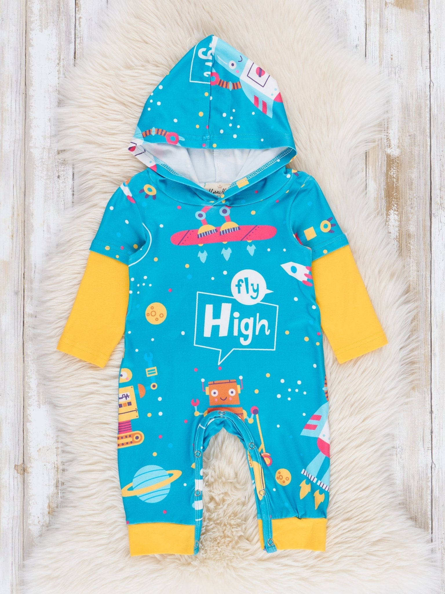 Turquoise & Yellow Space Raglan Romper - Marie Nicole Clothing