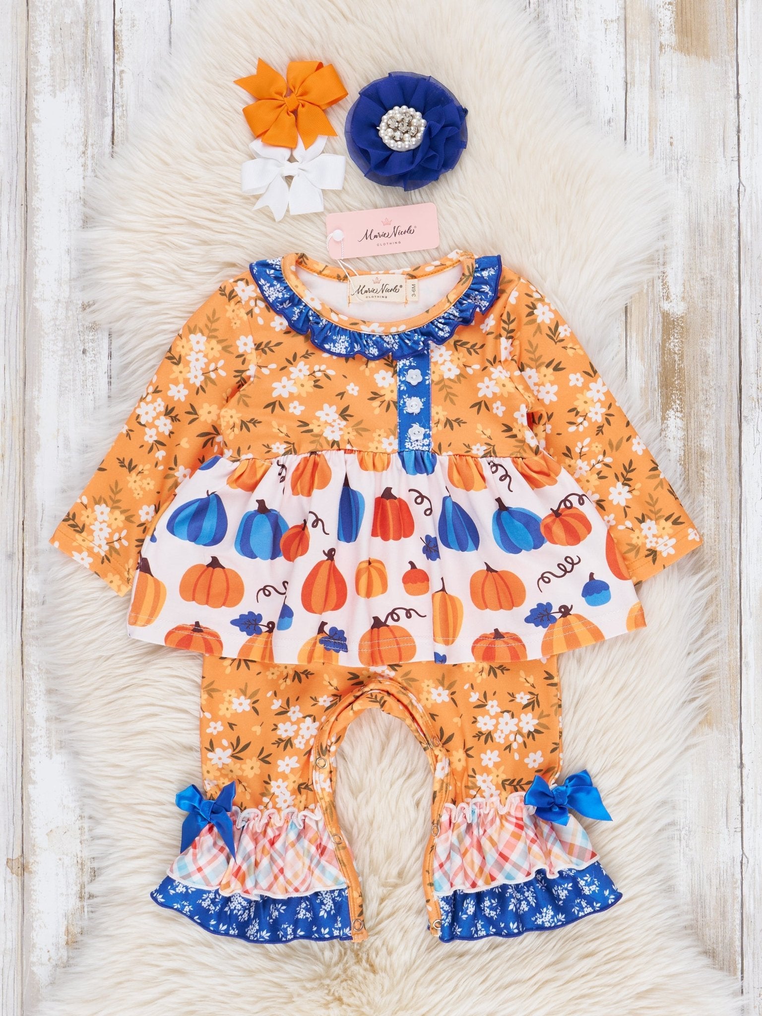 Orange Blooms & Blue Plaid Pumpkin Ruffle Romper - Marie Nicole Clothing