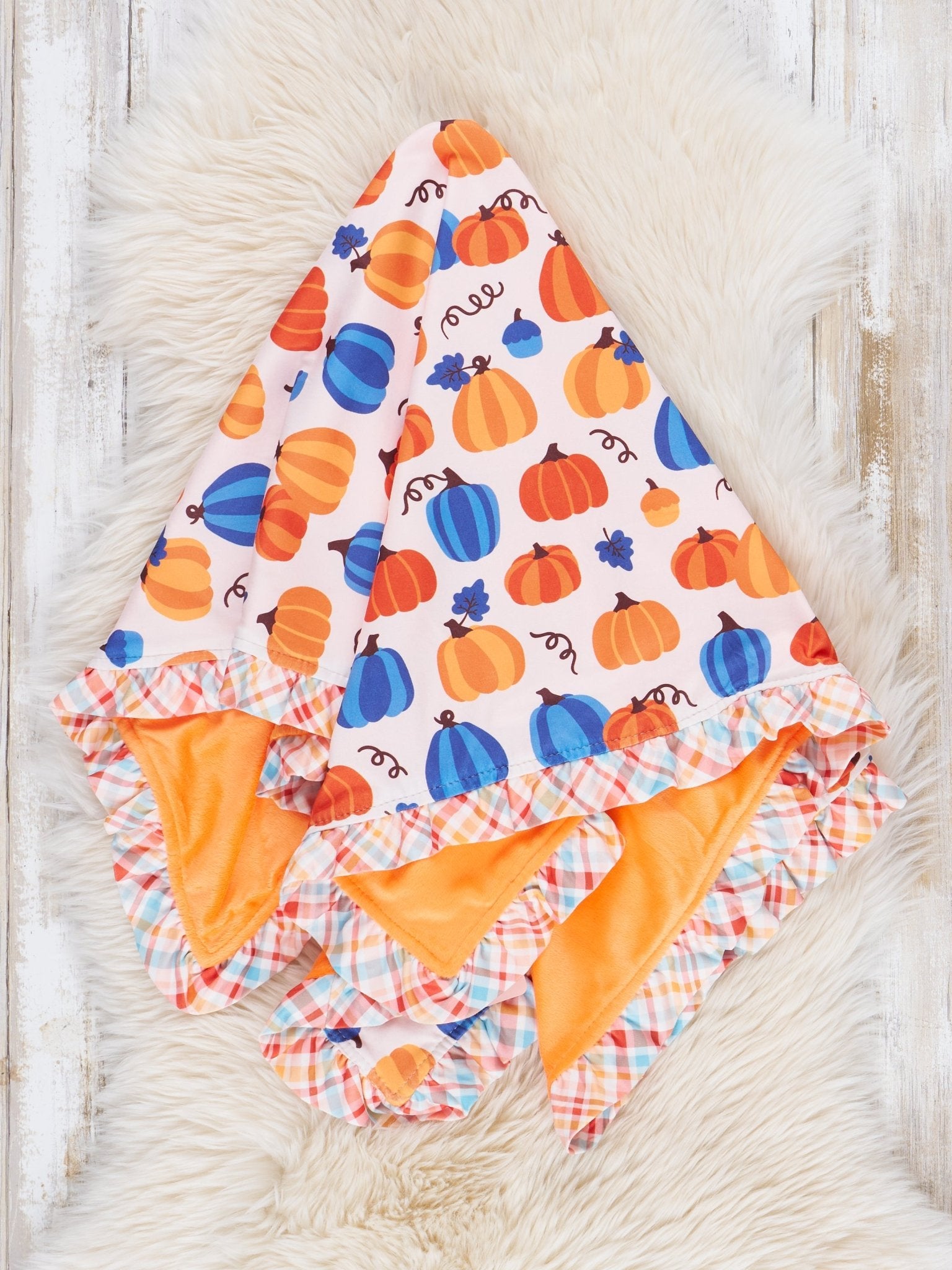 Orange Blooms & Blue Plaid Pumpkin Ruffle Minky Blanket - Marie Nicole Clothing