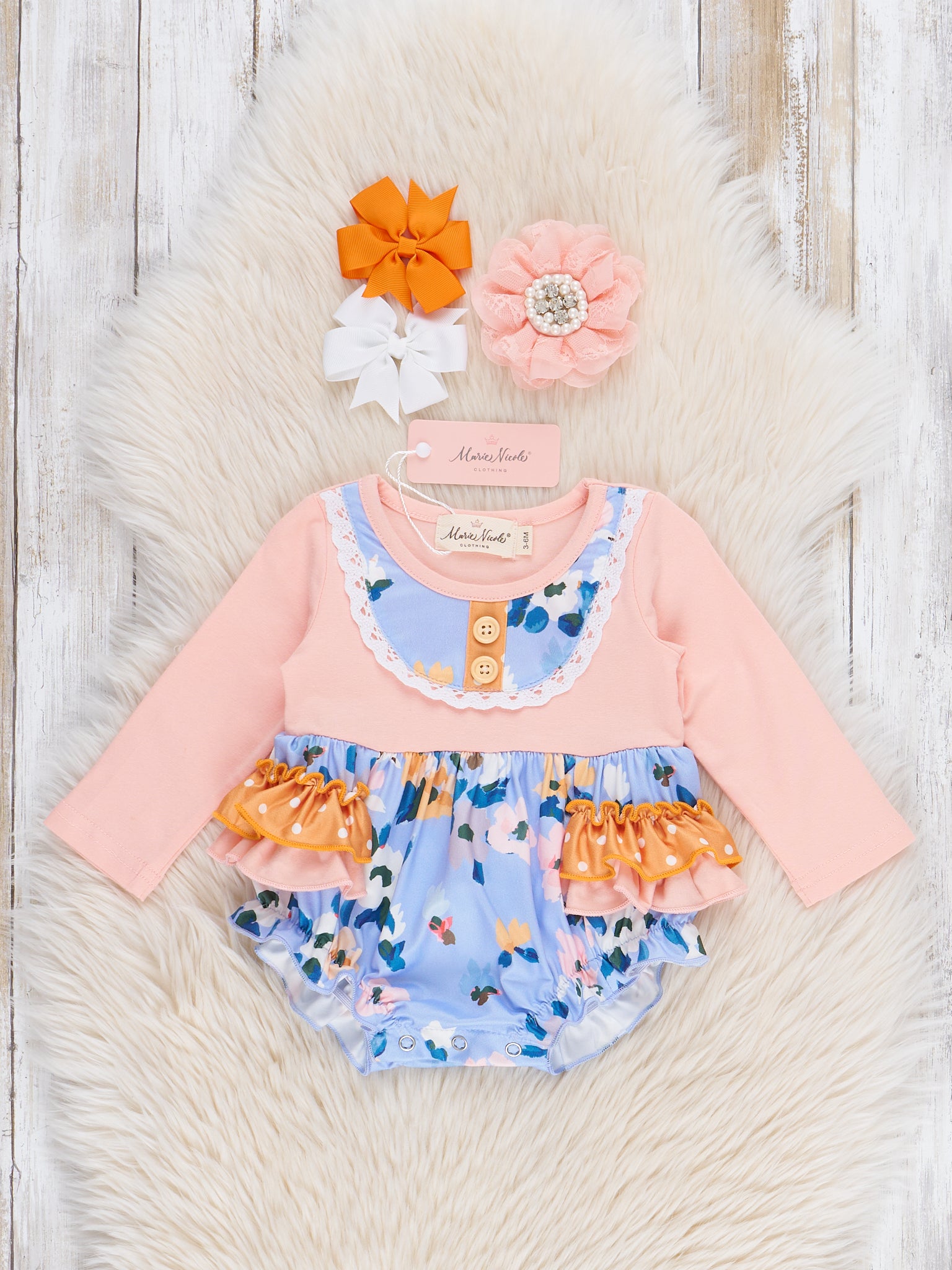 Infant Girl Florals Romper Fall Floral Ruffle Lace Bubble Romper Marie Nicole 6/12MOS Infant Girl Florals Romper Fall Floral Ruffle Lace Bubble Romper Marie Nicole 6/12MOS