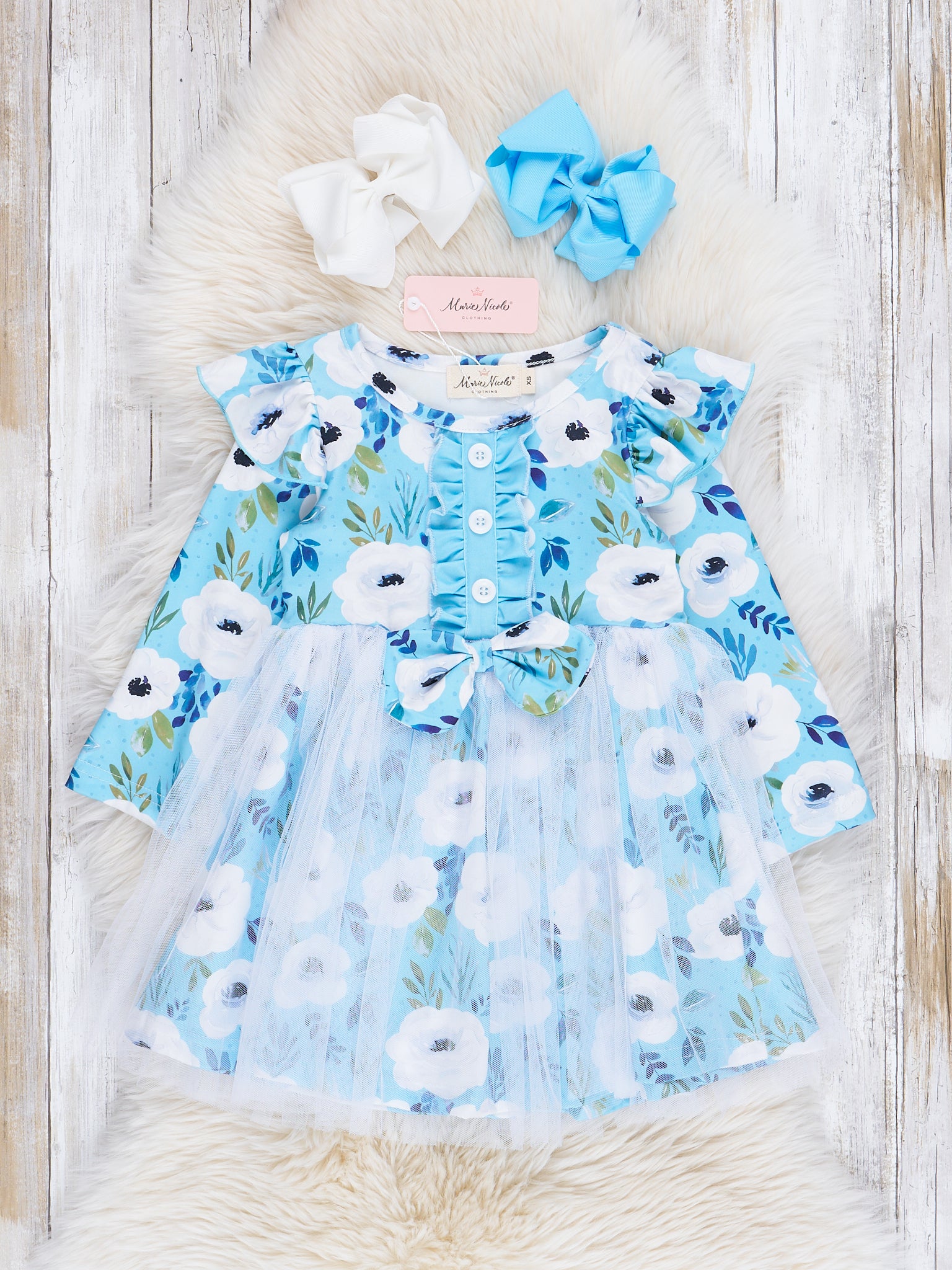 Cornflower Blue Blooms Ruffle Tulle Overlay Dress - Marie Nicole Clothing XXXL(7yrs) Cornflower Blue Blooms Ruffle Tulle Overlay Dress - Marie Nicole Clothing XXXL(7yrs)
