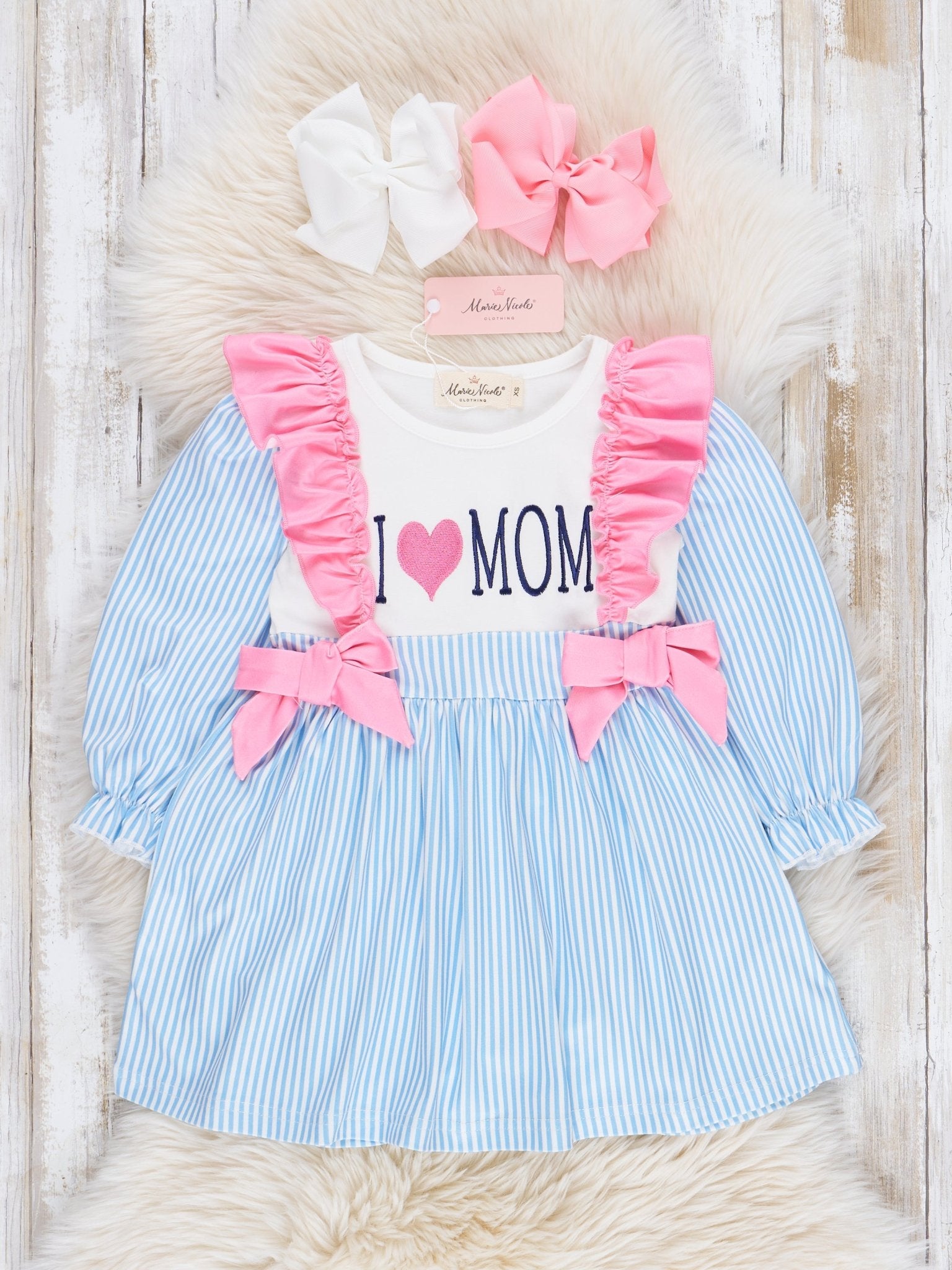 Blue Stripe Family Love Ruffle Dress - Marie Nicole Clothing