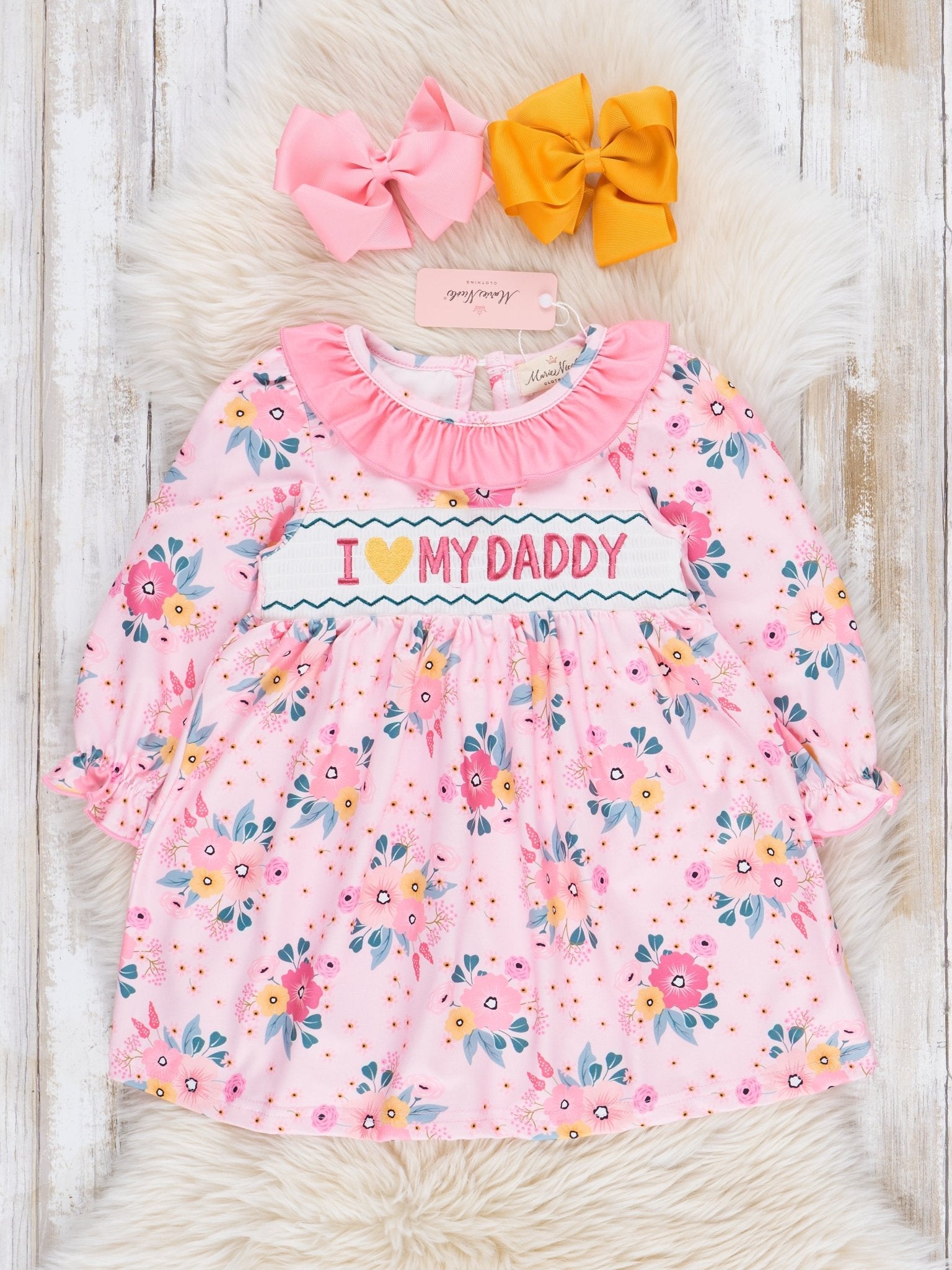 Pink Floral Smocked Dad Love Dress - Marie Nicole Clothing