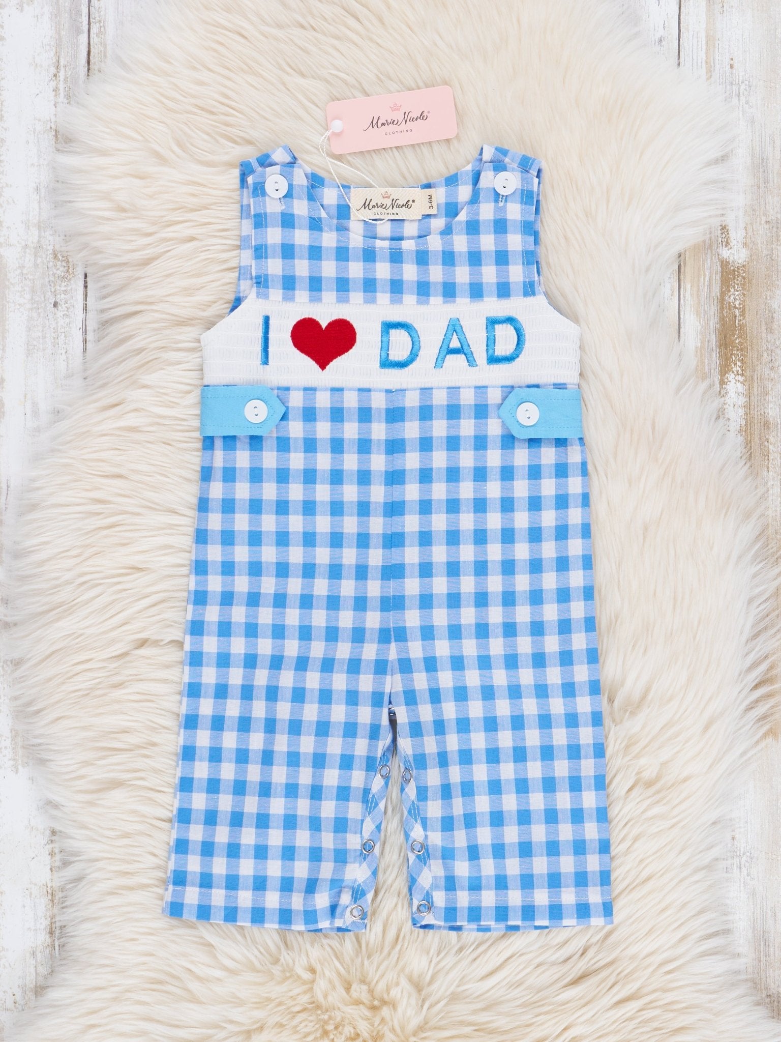 Blue Gingham Smocked Dad Love Johnny - Marie Nicole Clothing