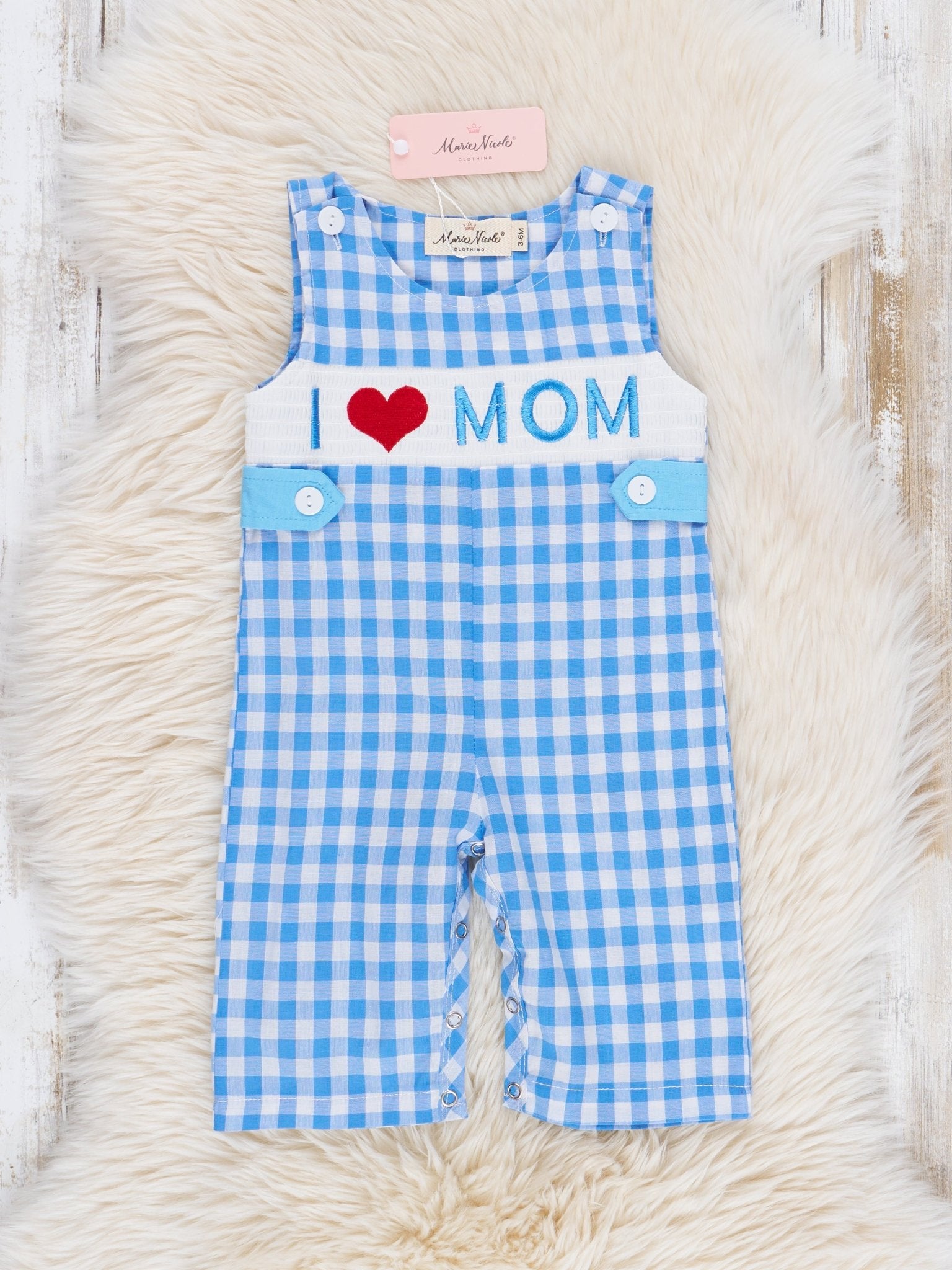 Blue Gingham Smocked Mom Love Johnny - Marie Nicole Clothing