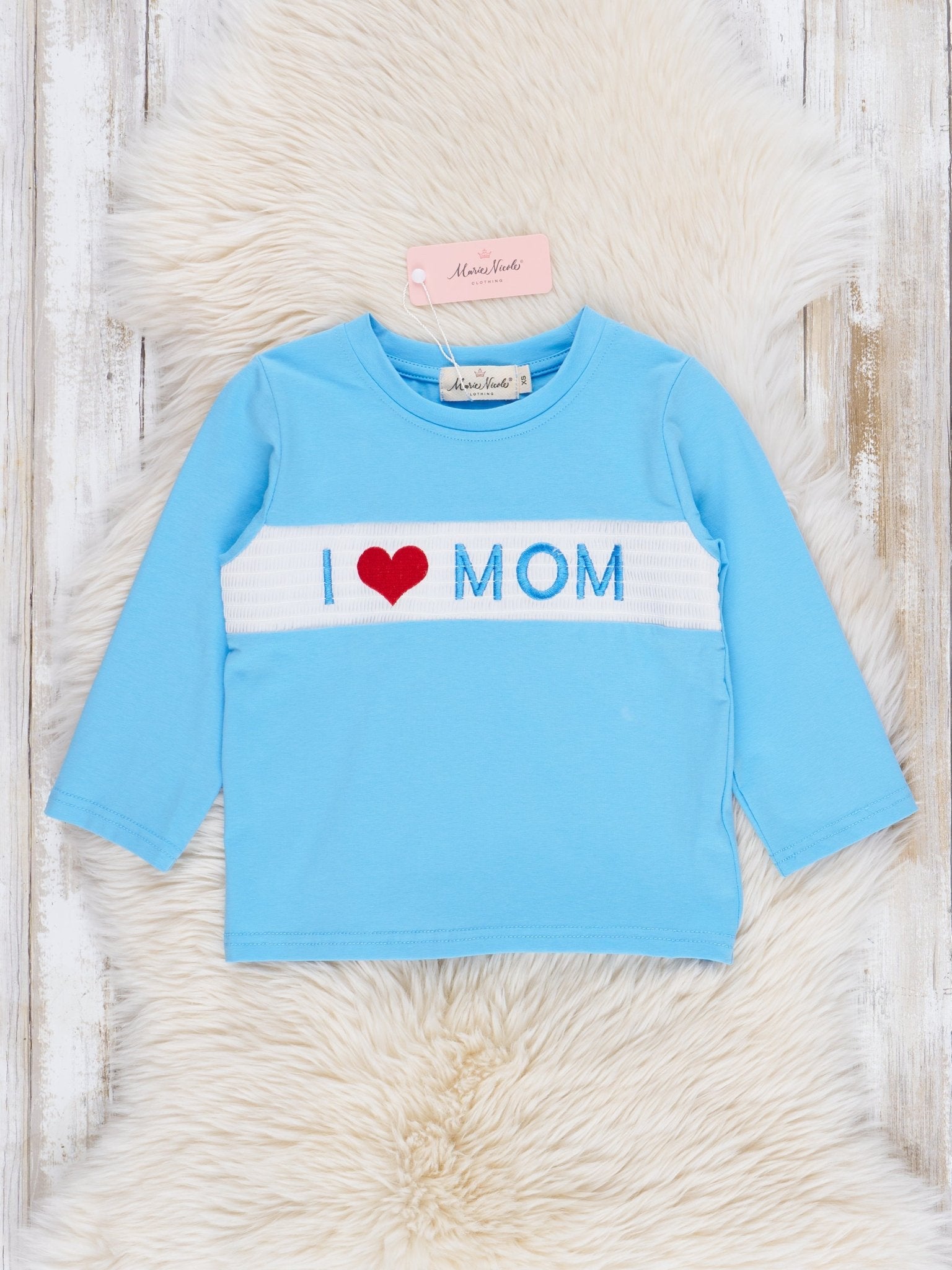 Blue Smocked Mom Love Shirt - Marie Nicole Clothing
