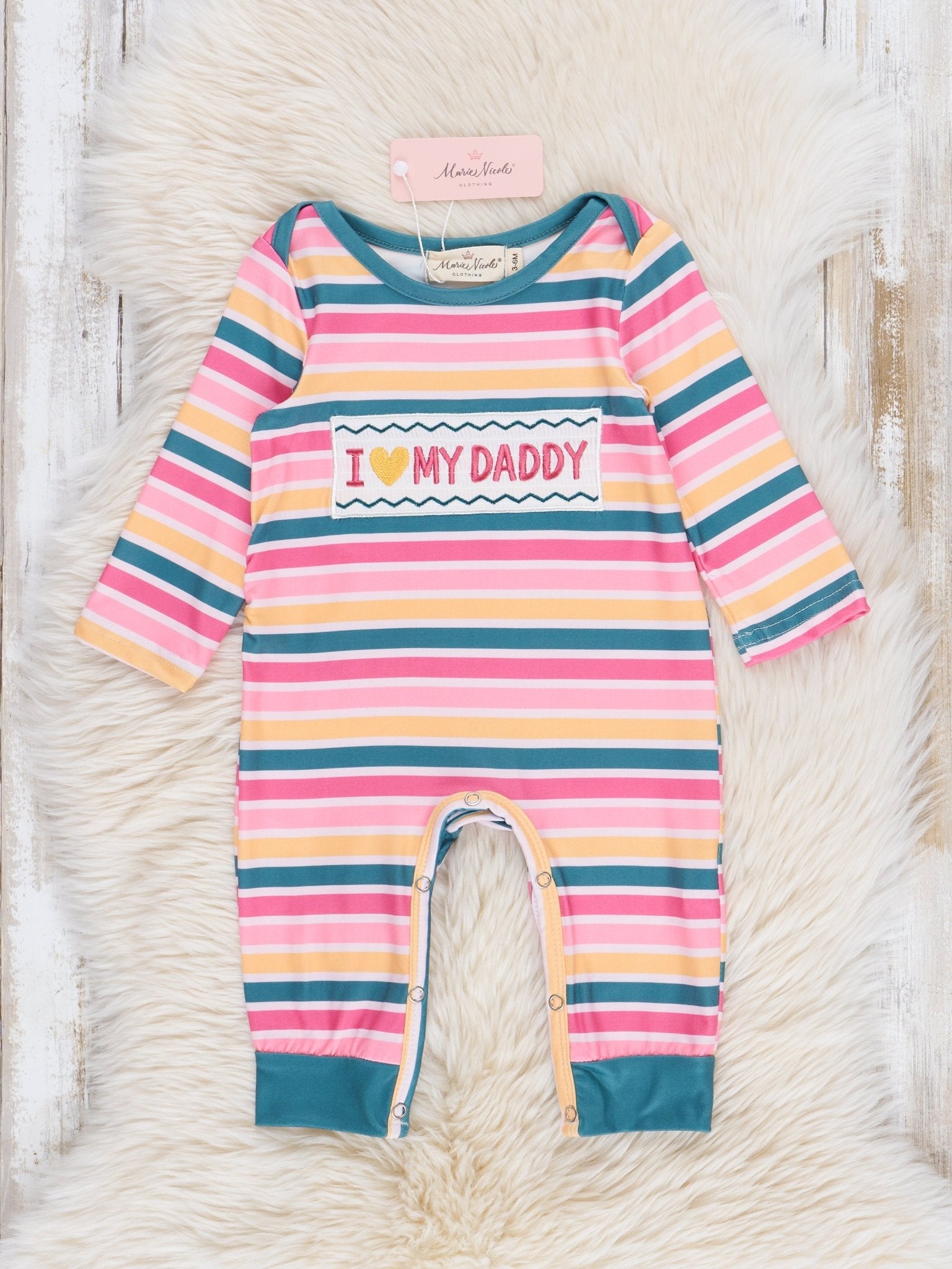 Pink Striped Smocked Dad Love Romper - Marie Nicole Clothing