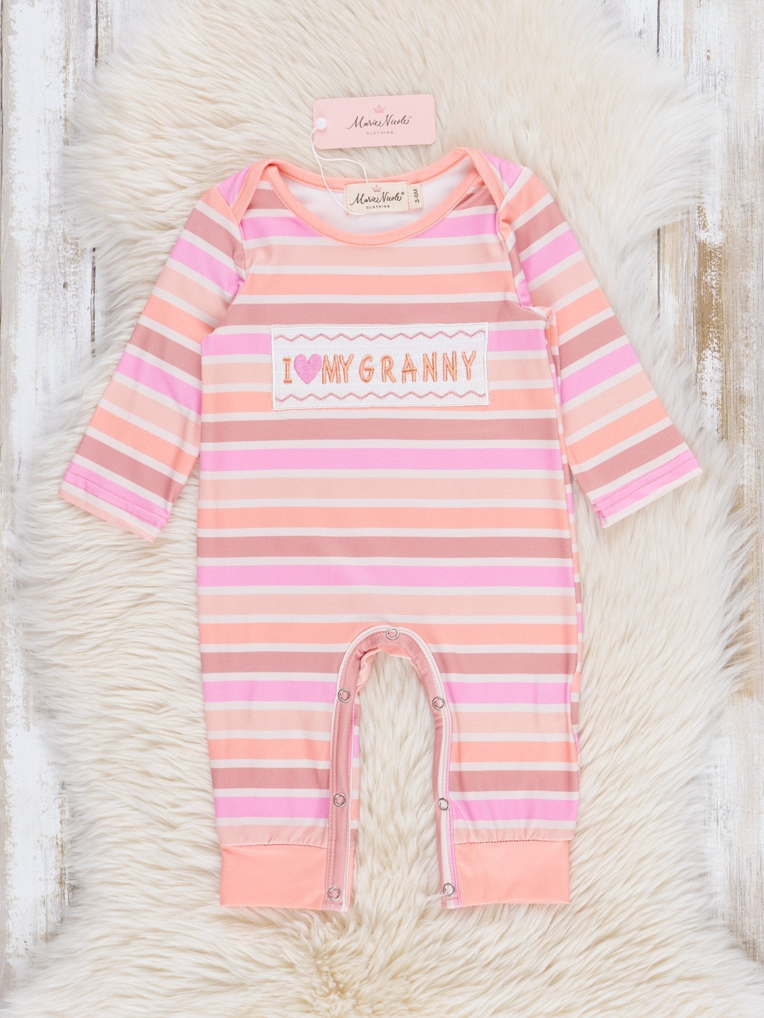Peach Striped Smocked Granny Love Romper - Marie Nicole Clothing