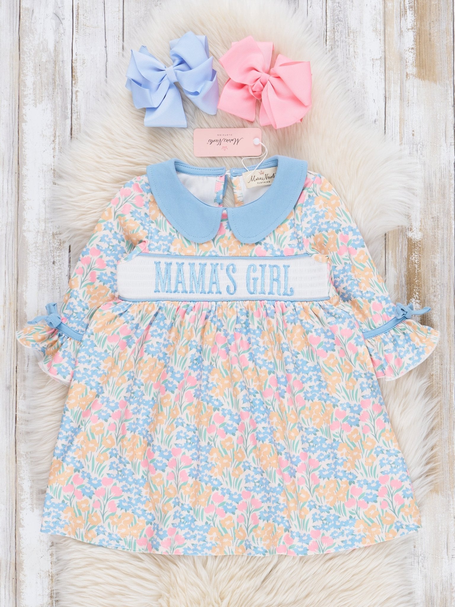 Blue & Yellow Smocked "Mama's Girl" Dress - Marie Nicole Clothing