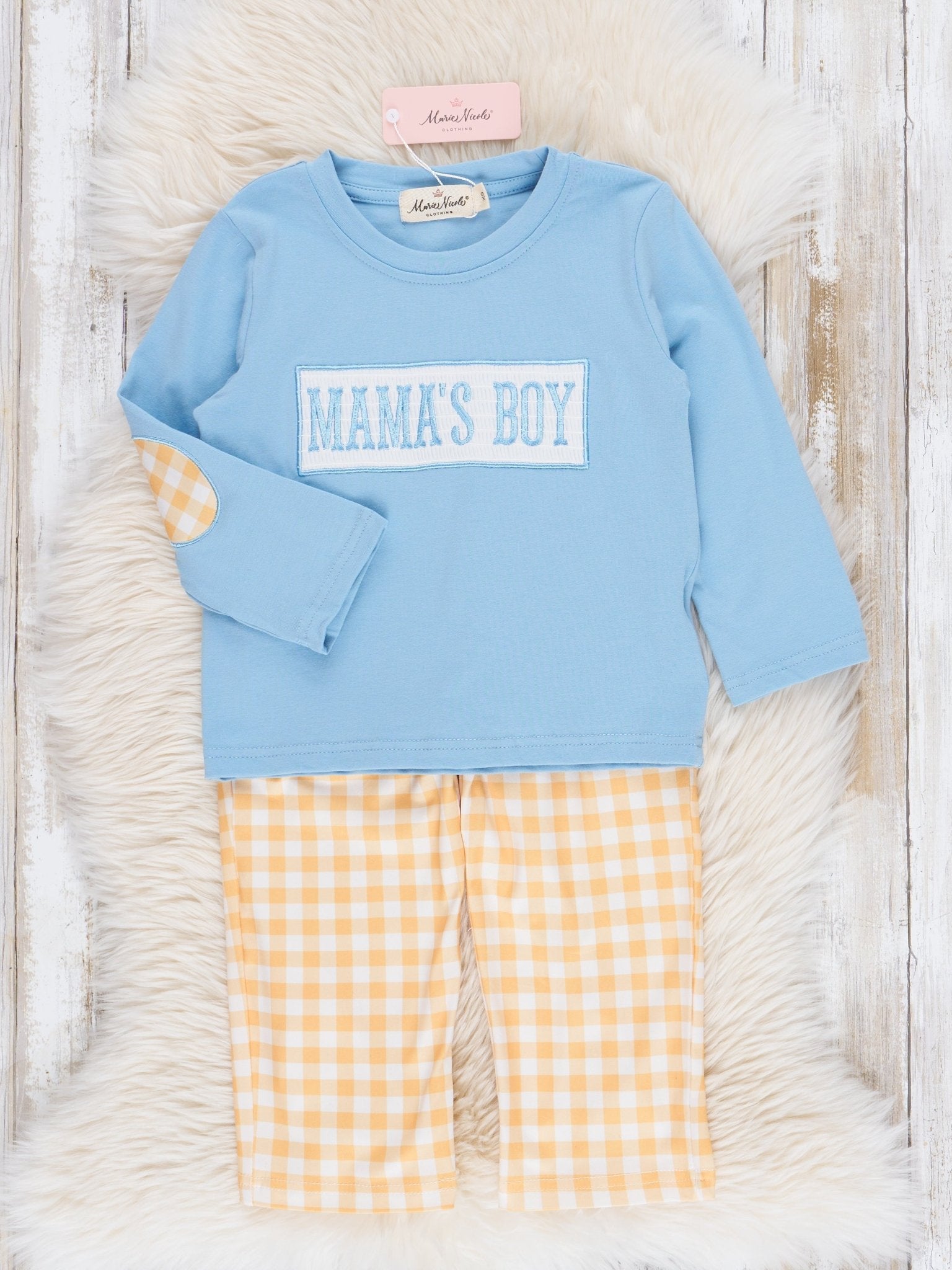 Blue & Yellow Smocked "Mama's Boy" Outfit - Marie Nicole Clothing