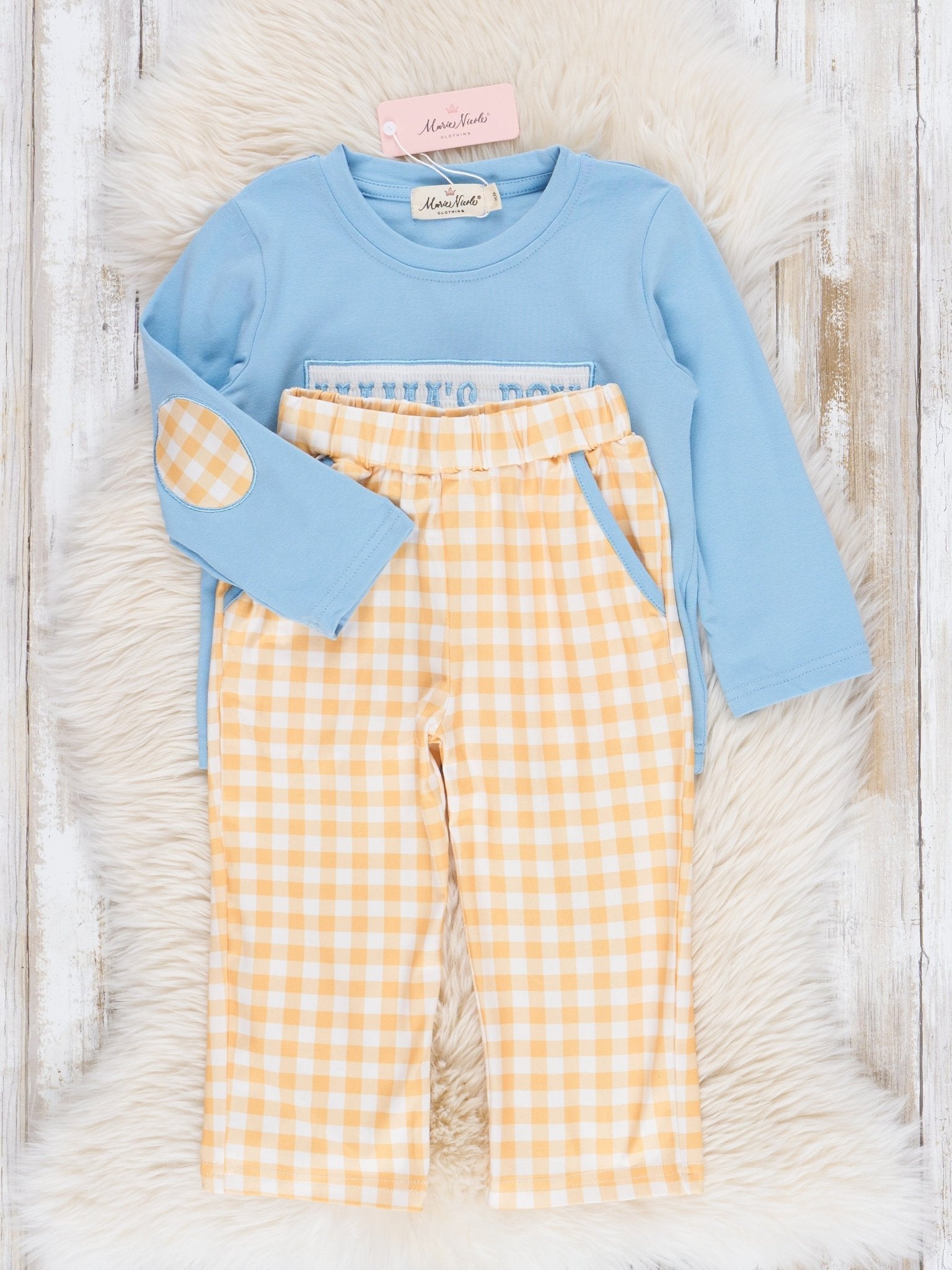 Blue & Yellow Smocked "Mama's Boy" Outfit - Marie Nicole Clothing