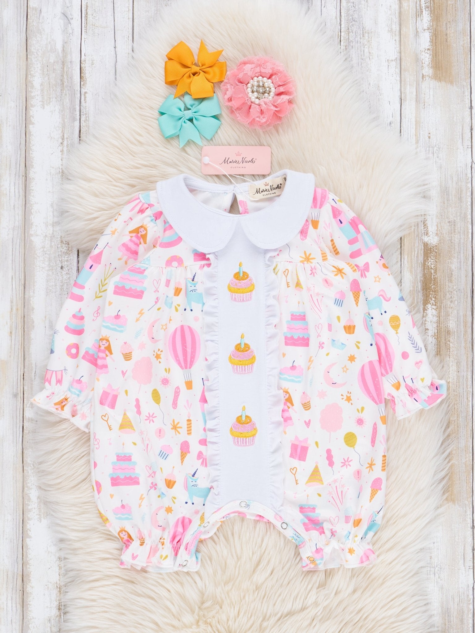 Pink & White Embroidered Birthday Cake Romper - Marie Nicole Clothing