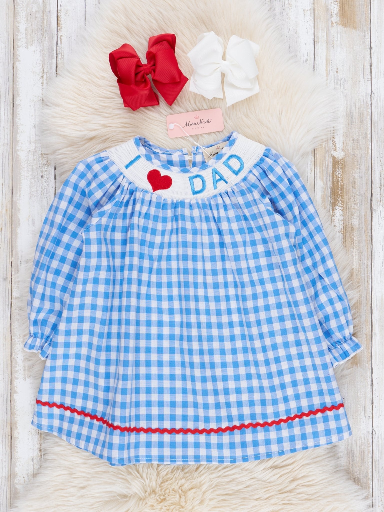 Blue Gingham Smocked Dad Love Dress - Marie Nicole Clothing