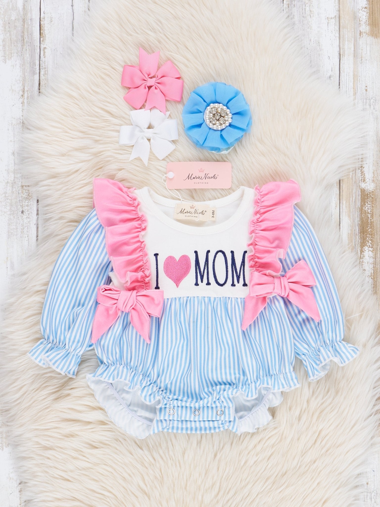 Blue Stripe Family Love Ruffle Bubble Romper - Marie Nicole Clothing
